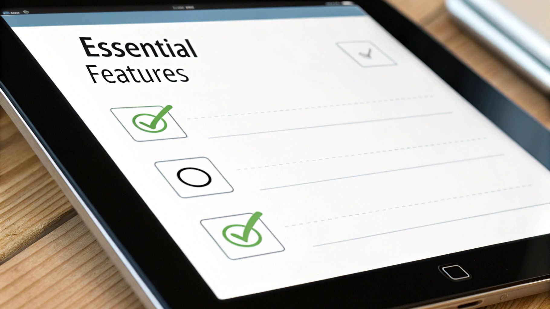 A tablet displays an 'Essential Features' checklist with two items checked and one unchecked, on a wooden surface.