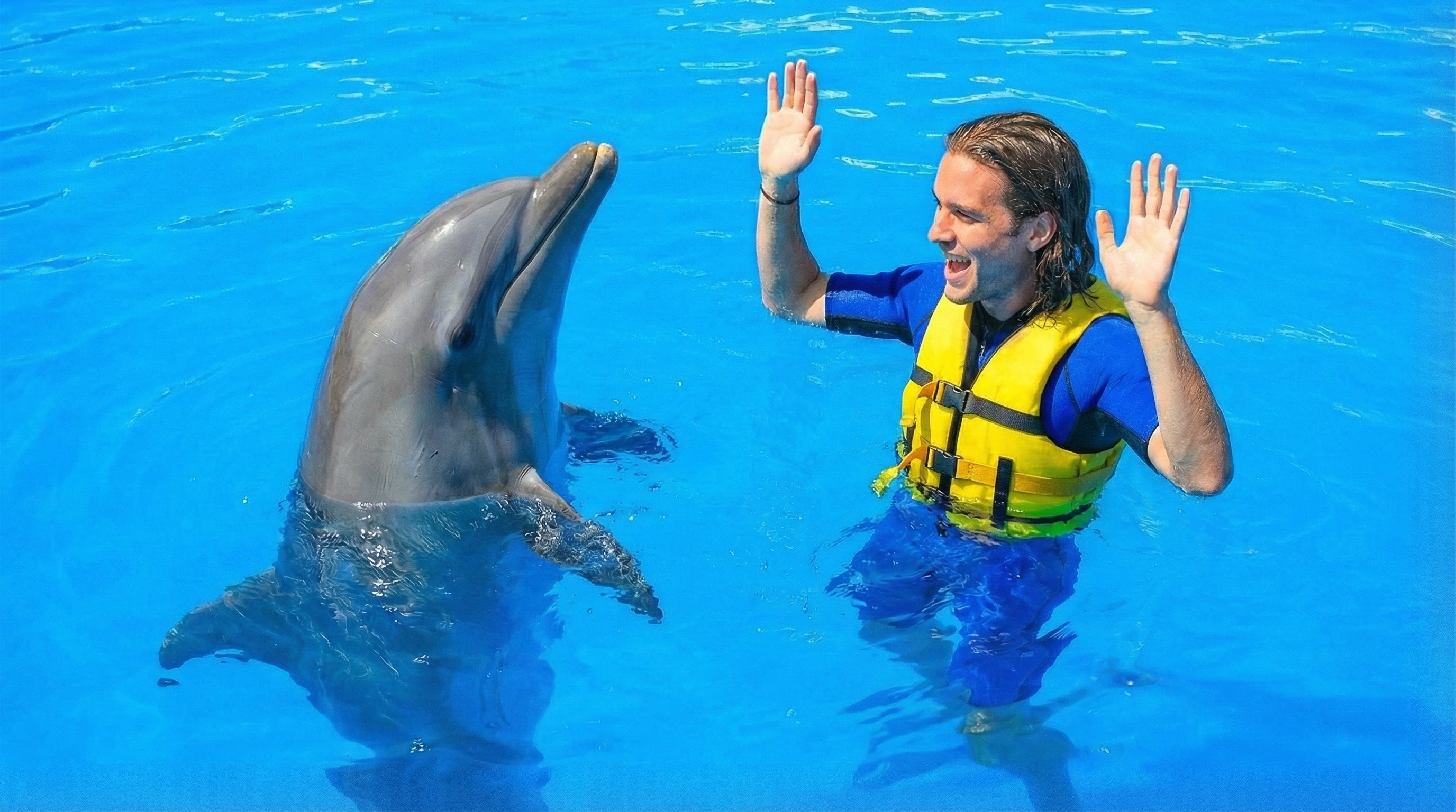 Man in a yellow life jacket holding his hands up to a dolphin in a blue pool