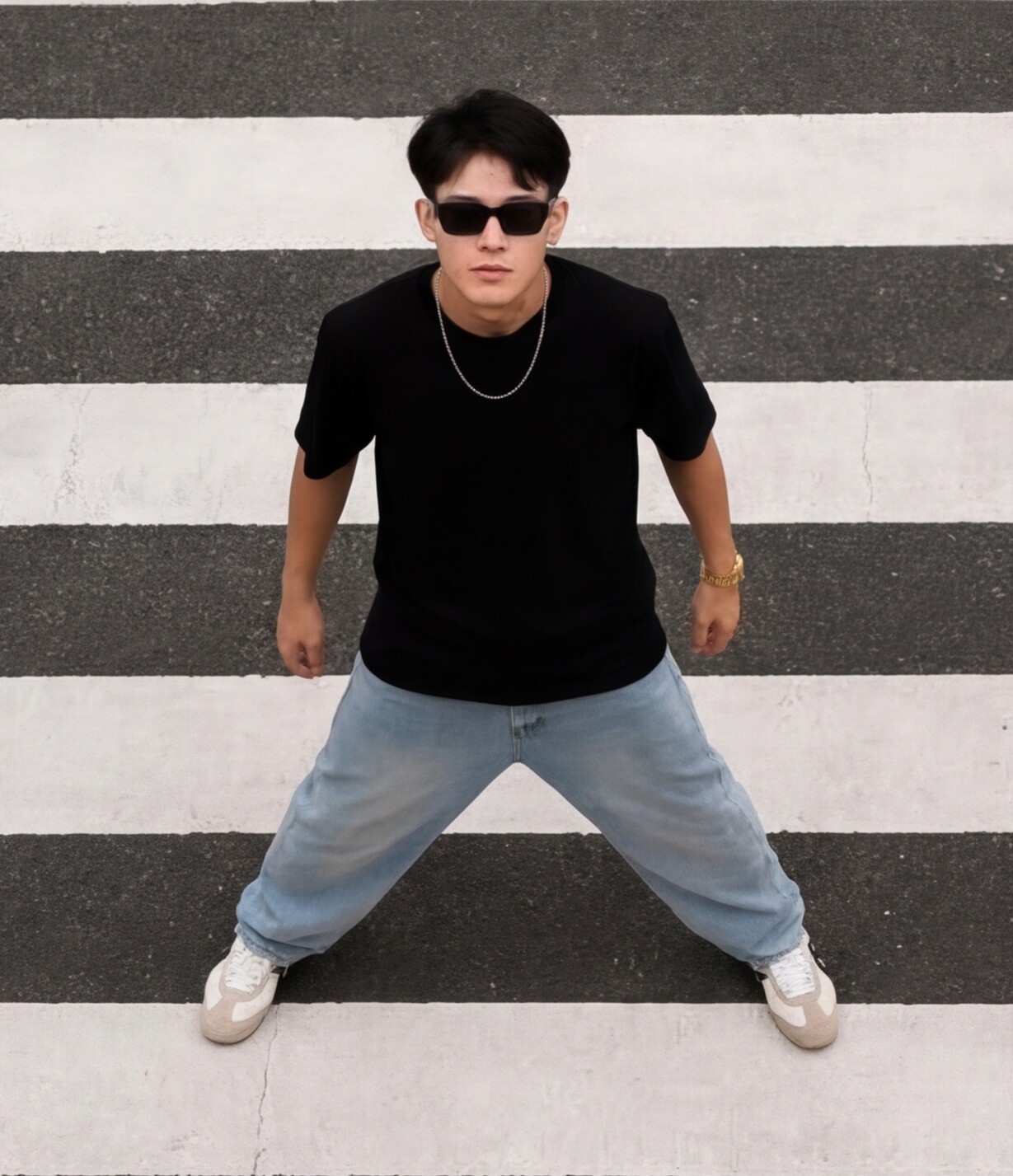 Black Essential Tee with Light Wash Denim