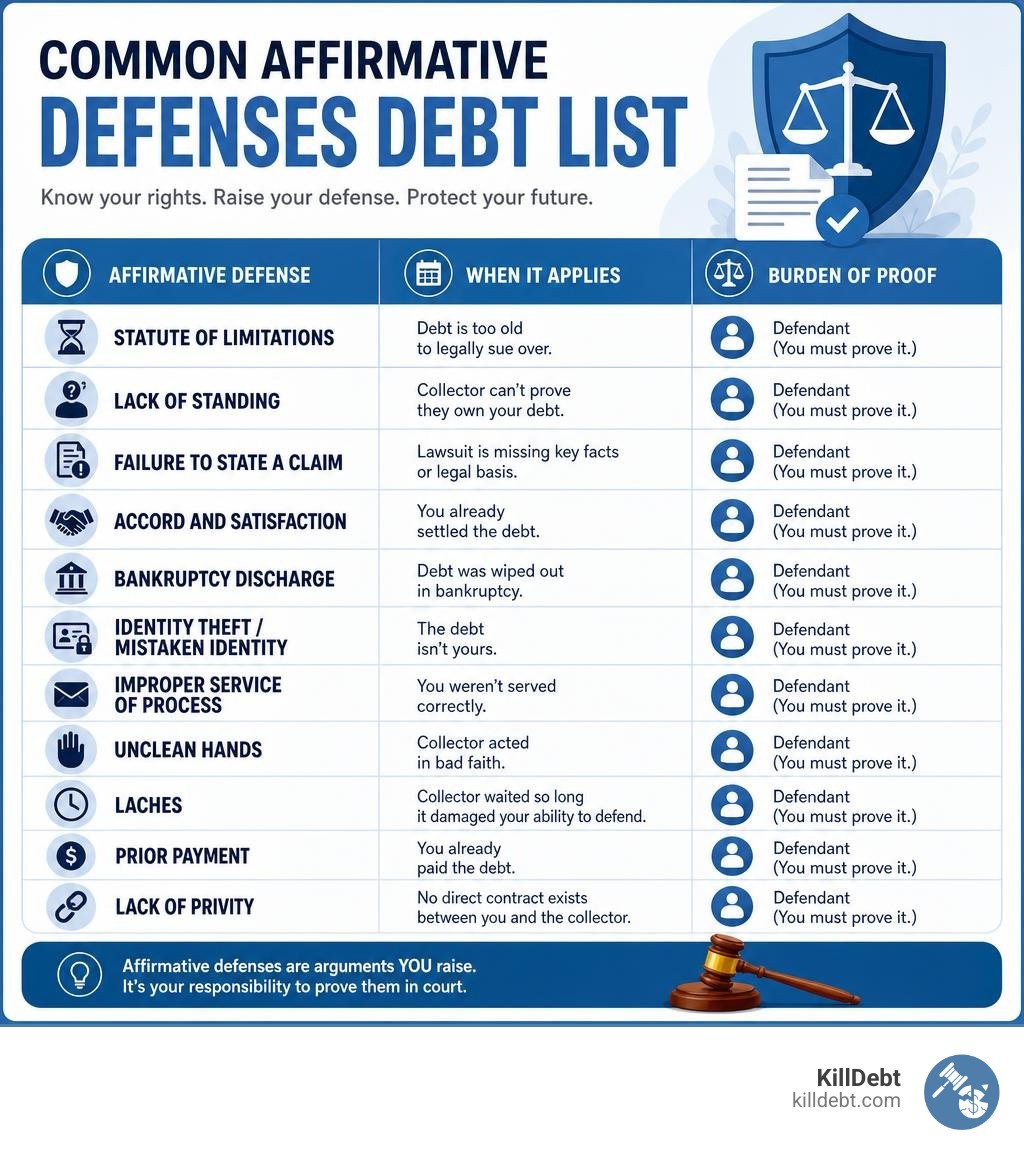 Common affirmative defenses debt list with defense names, when they apply, and burden of proof infographic
