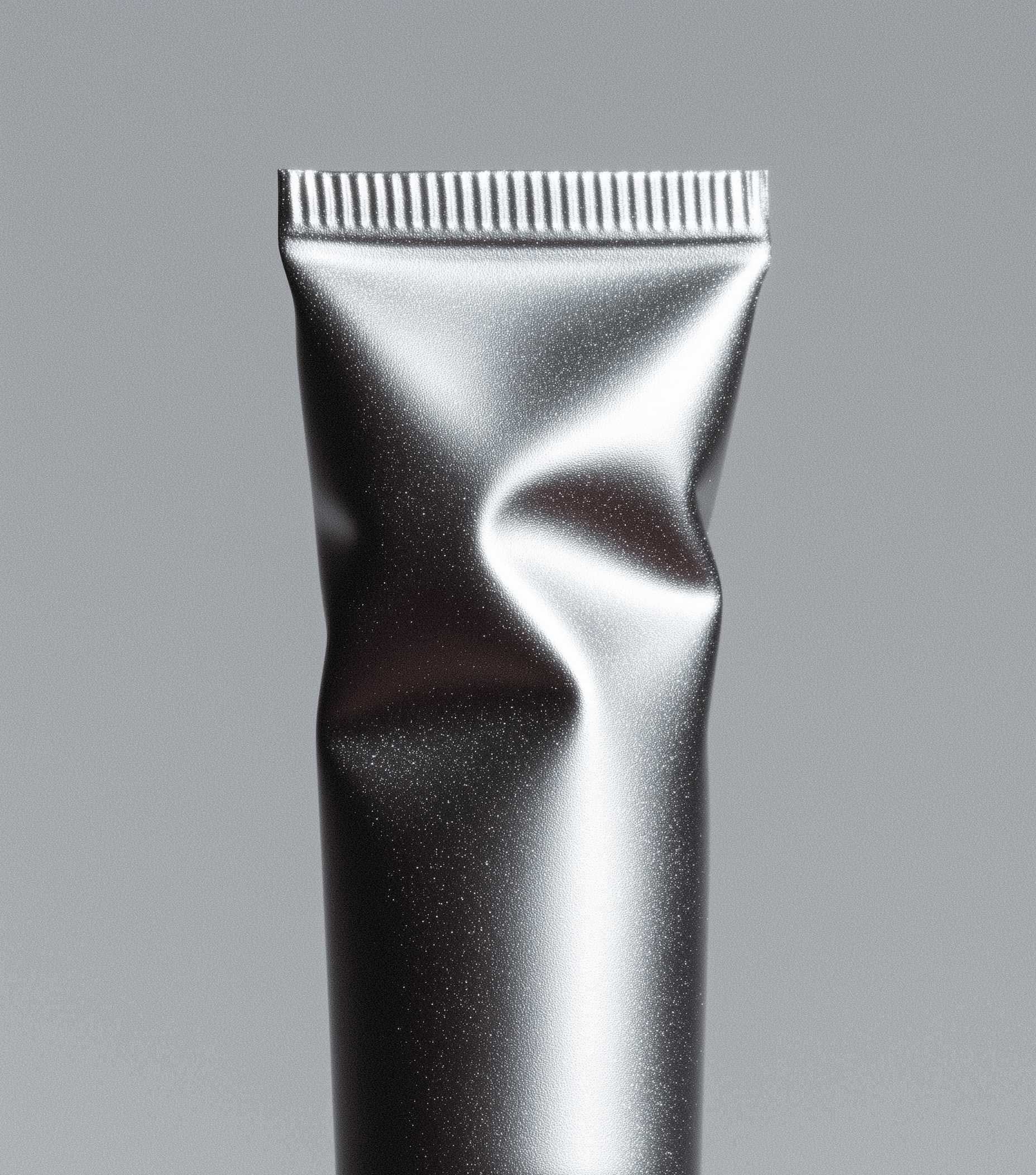 Silver metallic cosmetic tube, minimal design