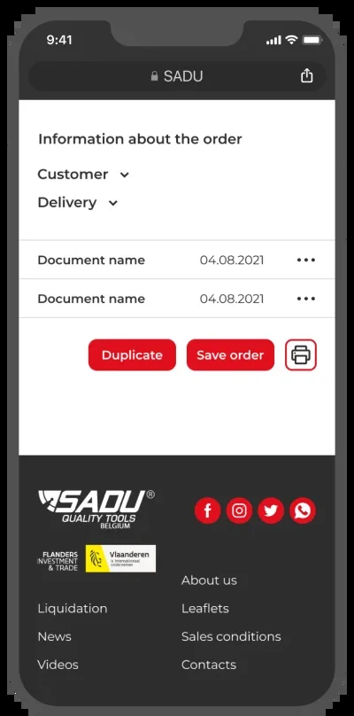 SADU mobile order information and document actions