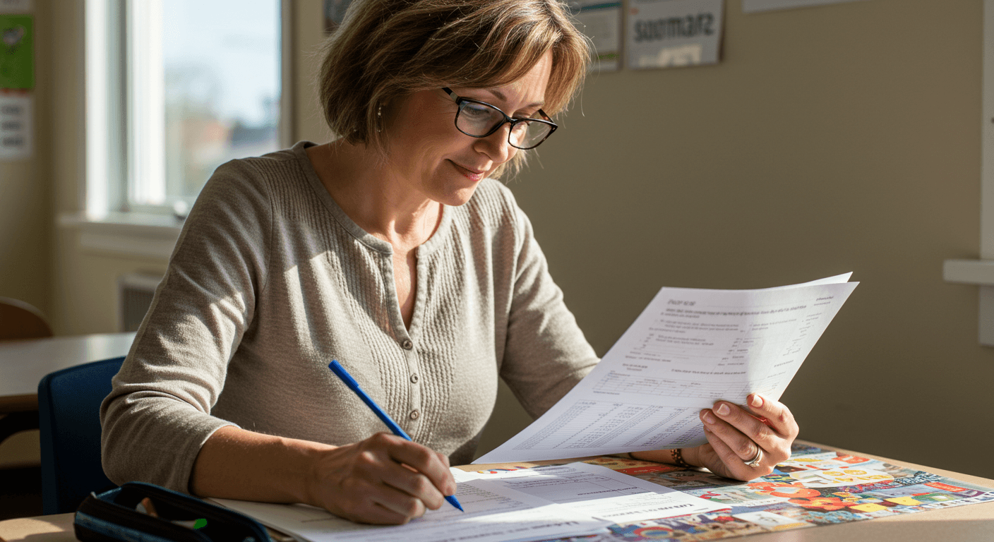 a teacher going through some work done by her students