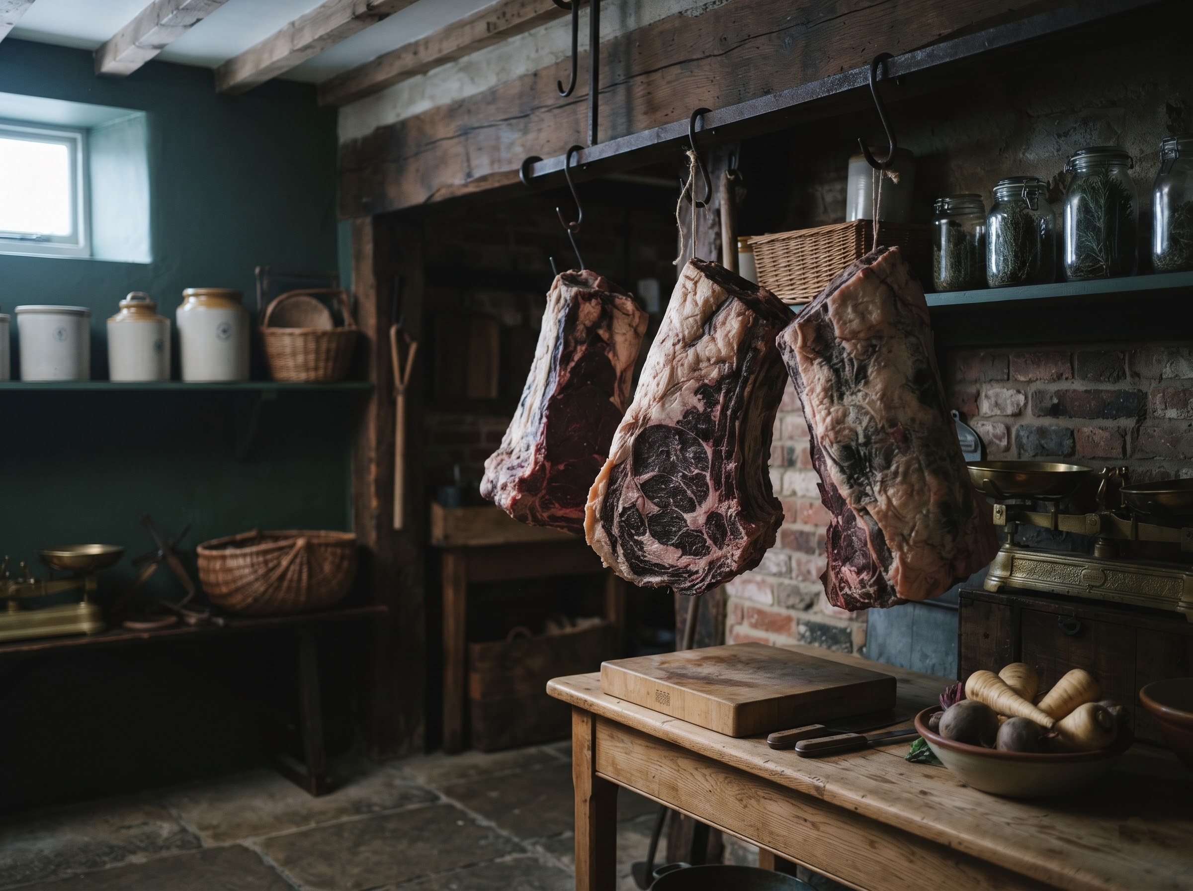 Sides of dry-aged beef hanging in the cold room