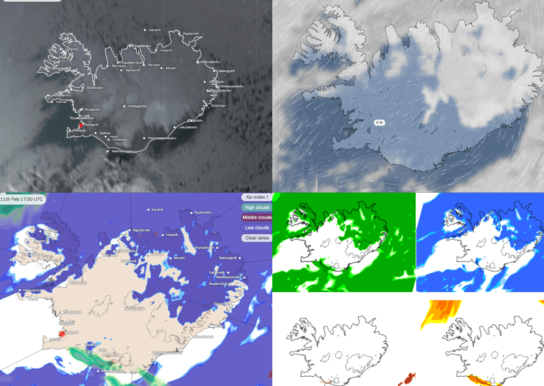 Four Icelandic Met Office cloud maps of Iceland for the same night, showing how the high-cloud layer covers sky that the default low and mid-cloud view shows as clear