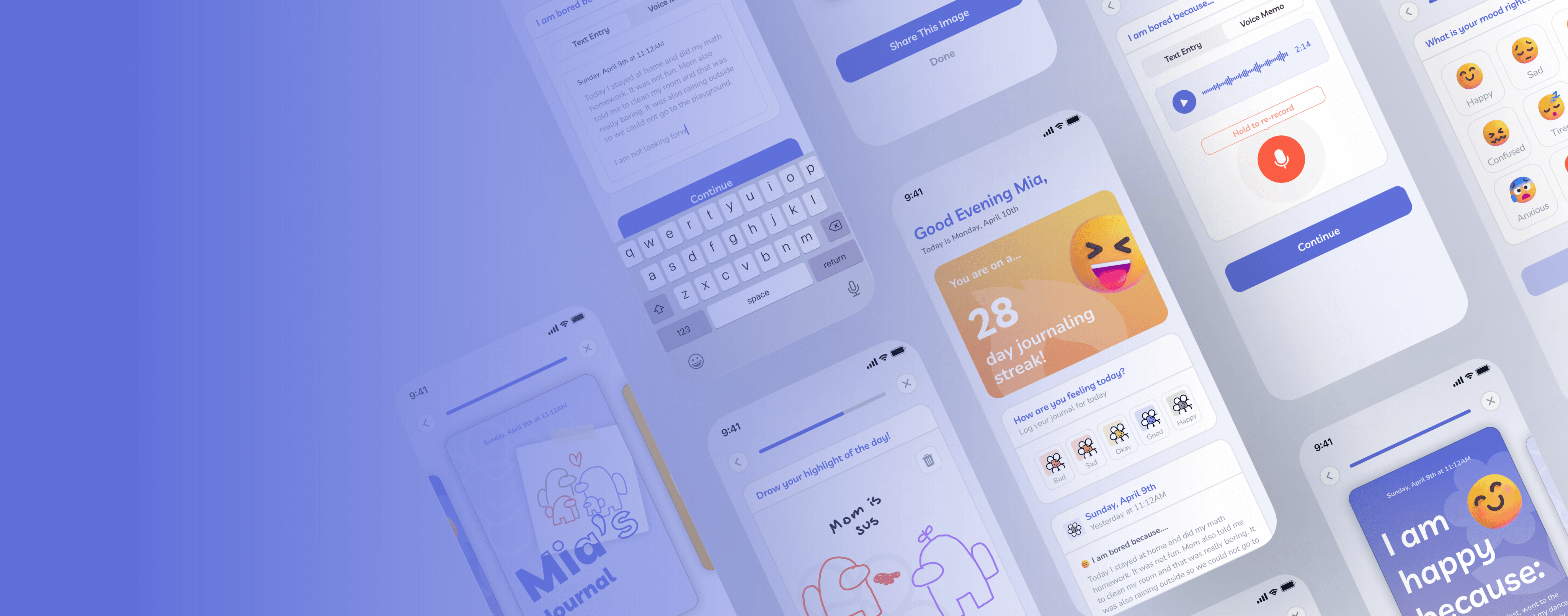 Blue gradient and overview of various screens for the moble app ":Daysy"