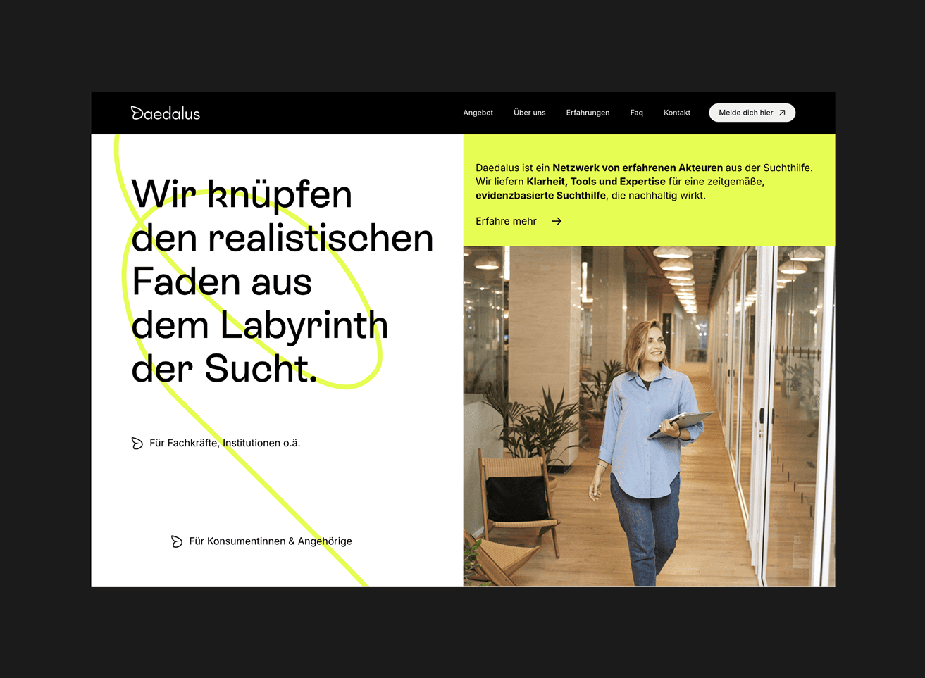 Herosektion des Webdesigns mit Bild einer frau, signal gelb und weißem Hintergrund