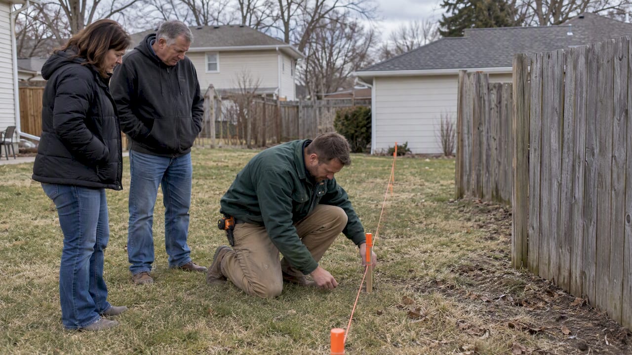 Surveyor marking a suburban fence boundary