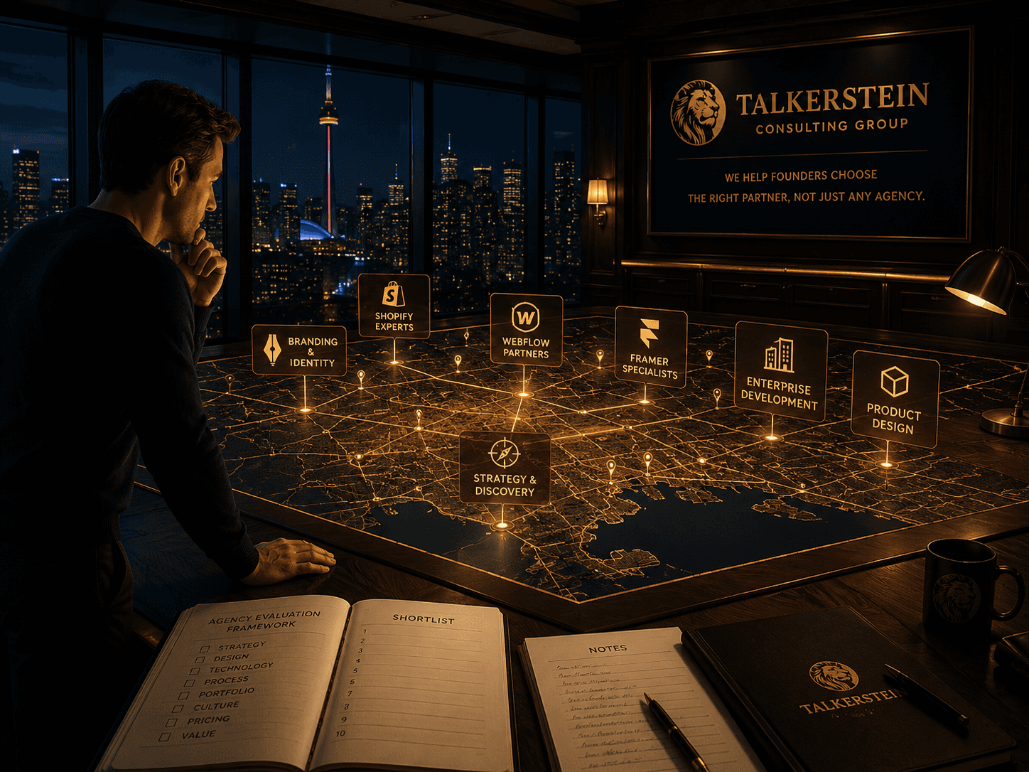Founder reviewing a strategic map of Toronto’s digital agency landscape from a boardroom overlooking the city skyline, comparing agency specializations such as branding, Shopify, Webflow, Framer, product design, and enterprise development while evaluating potential web design partners.