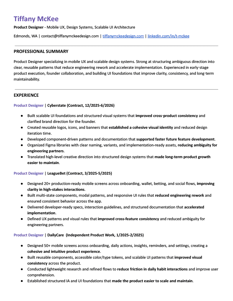Tiffany McKee Product Designer Resume