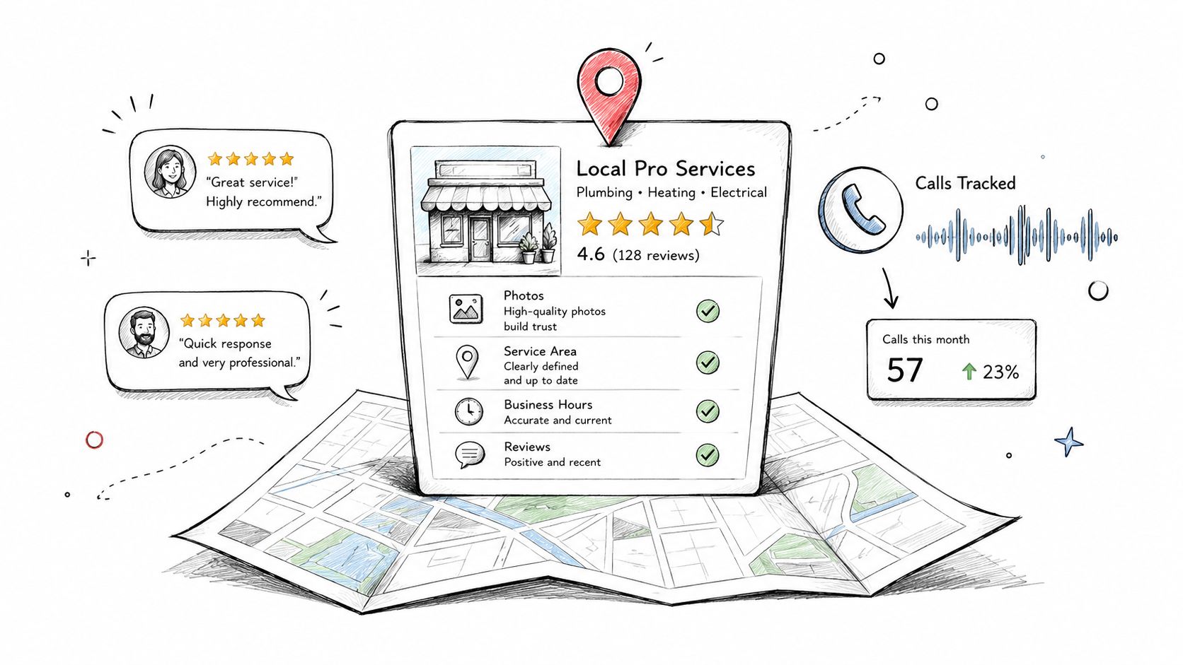A hand-drawn illustration showing a local business listing on a map with positive customer reviews and call tracking data.