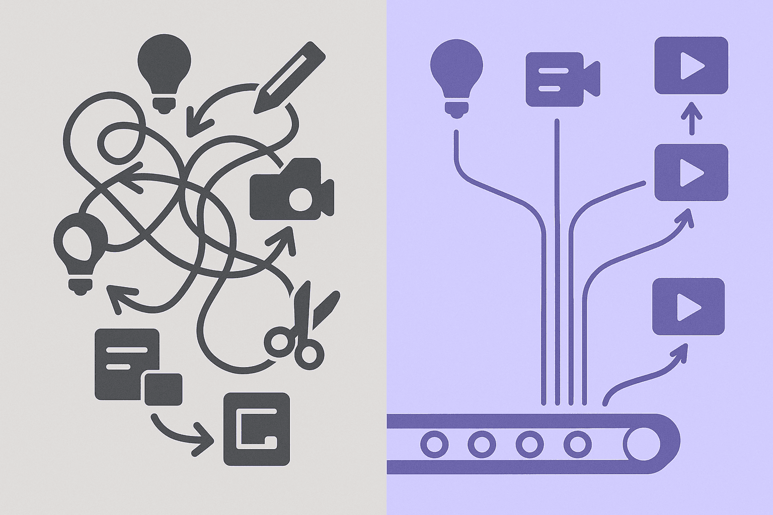 Split-view diagram contrasting manual versus AI-automated video production pipelines