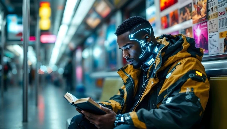 A man in futuristic attire, with glowing neon accents on his jacket and headset, reads a book while seated on a subway train. The background shows blurred passengers and bright advertisements, adding to the urban, cyberpunk atmosphere.