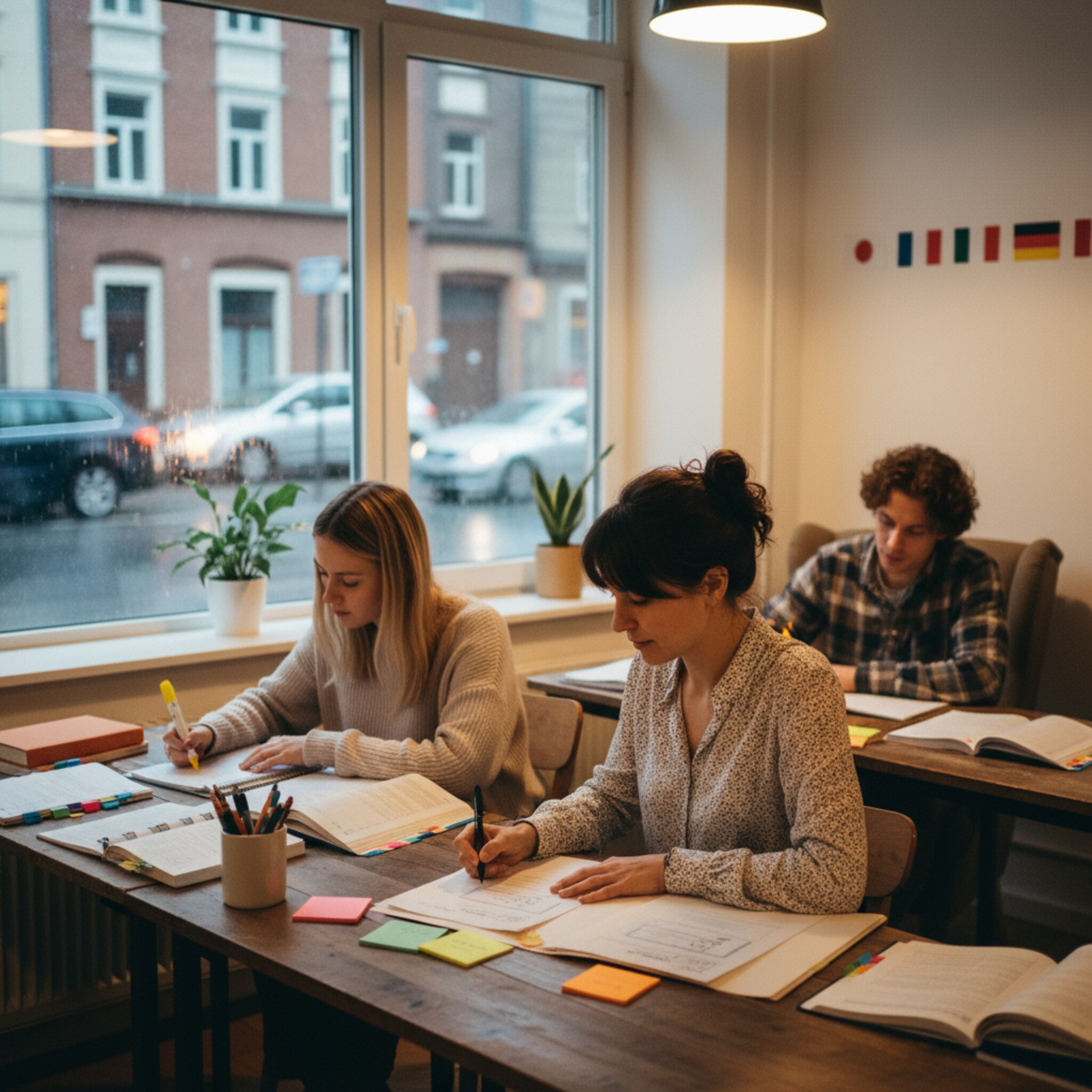 Am frühen Abend leuchtet ein Unterrichtsraum warm, draußen schimmern nasse Straßen. Eine Dozentin korrigiert Zertifikatsentwürfe, während zwei Teilnehmer leise üben. Flaggen hängen dezent an der Wand, Bücher sind aufgeschlagen. Es liegt Erwartung in der Luft, kurz vor dem Kursabschluss.