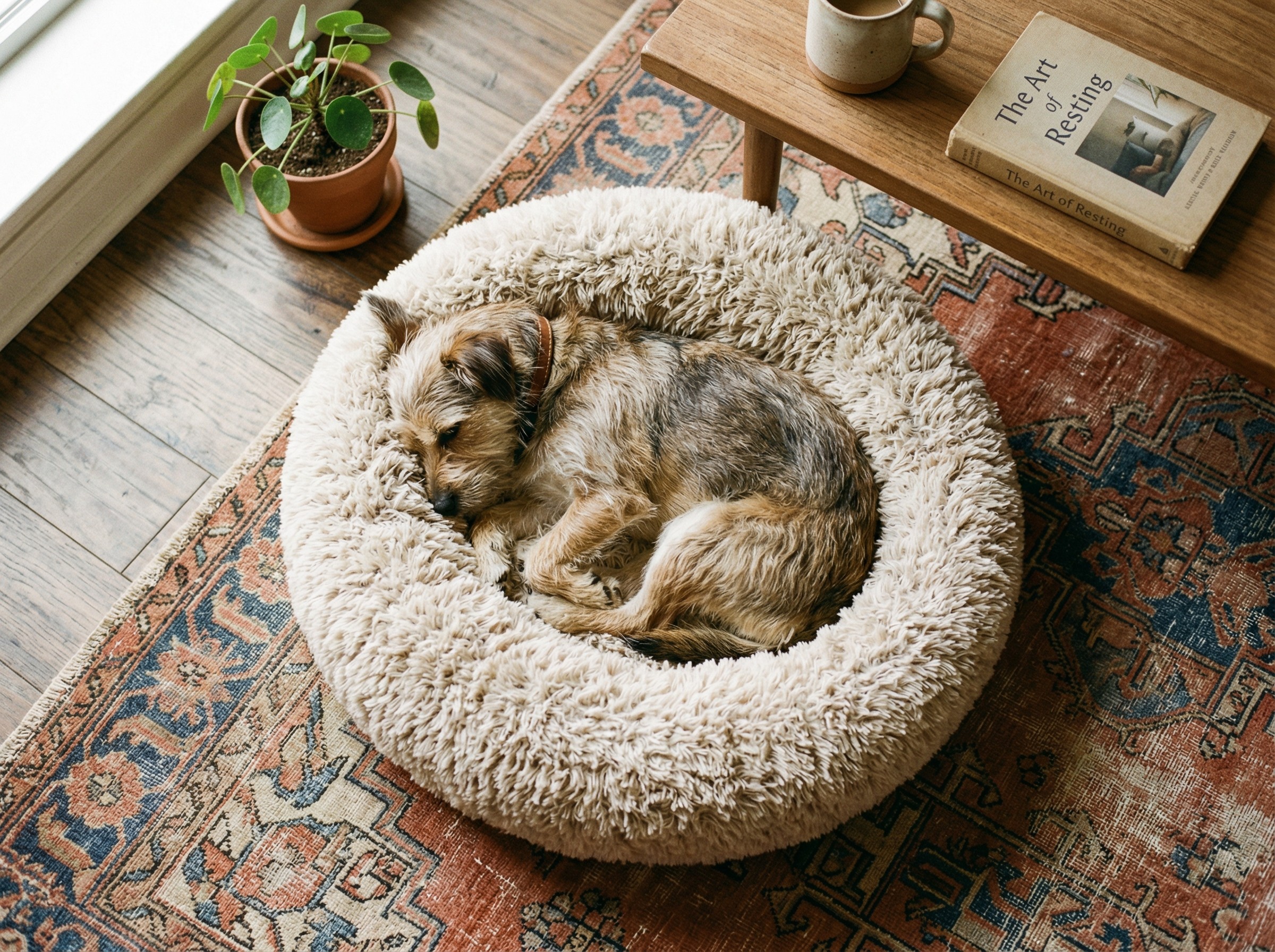 A cozy top-down view of a small terrier mix sleeping soundly in a plush Nuvorie calming pet bed in a warm living room