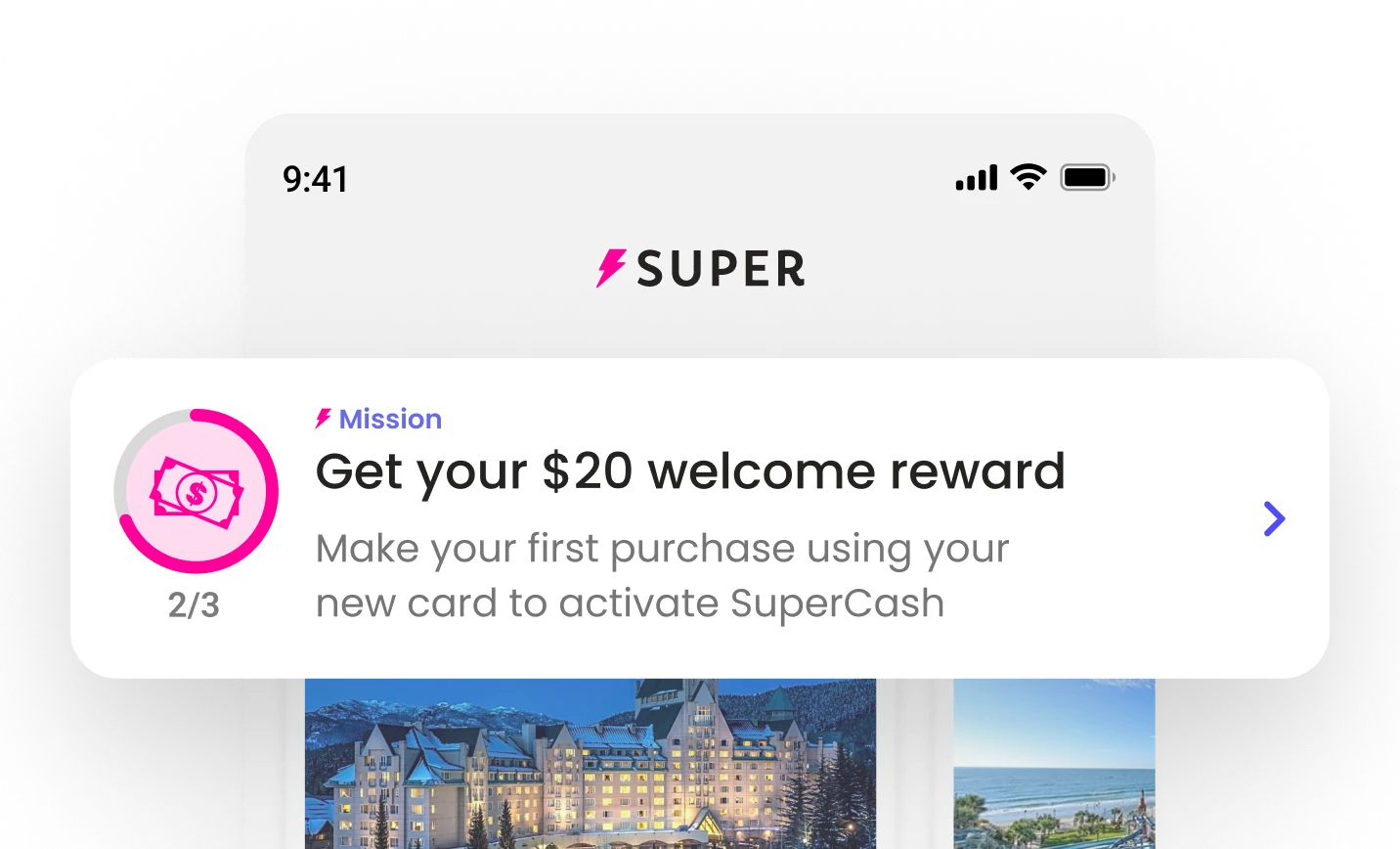 SuperCash app screen displaying the Completed Missions section. Two missions are shown: ‘20% cash back’ and ‘$20 hotel discount,’ each with a pink checkmark icon and a purple ‘Redeem’ button on a light pink background.