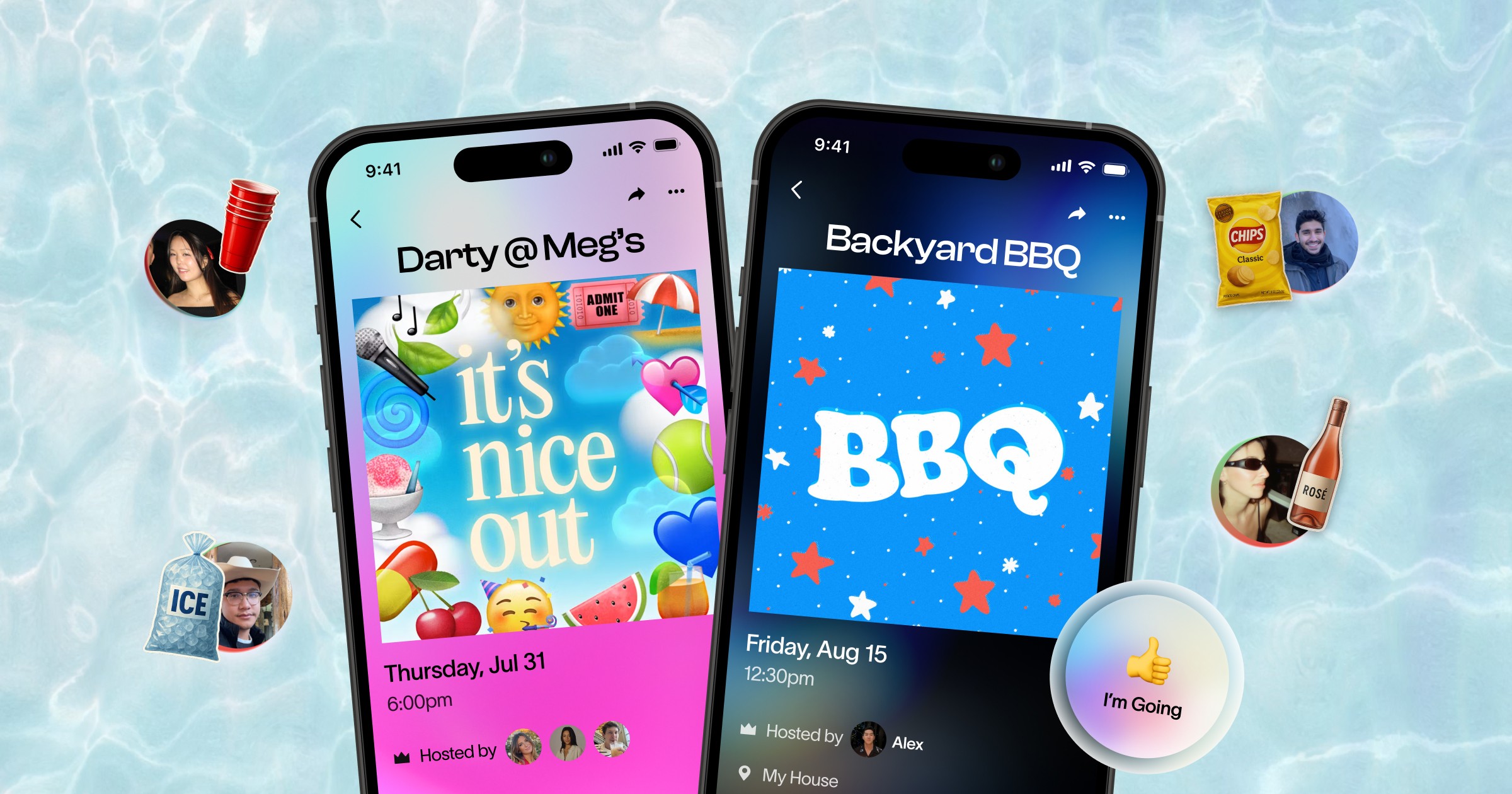 Two phones display customizable baby shower digital invitations against a dreamy pastel background with sparkles. The left screen shows a vintage-style online baby shower invite reading “Em’s having a baby!” with a blue bow design. The right screen features a modern floral digital baby shower invitation titled “Welcoming Olivia.” A floating RSVP button says “I’m Going.” Perfect for creating and sending baby shower invites online.