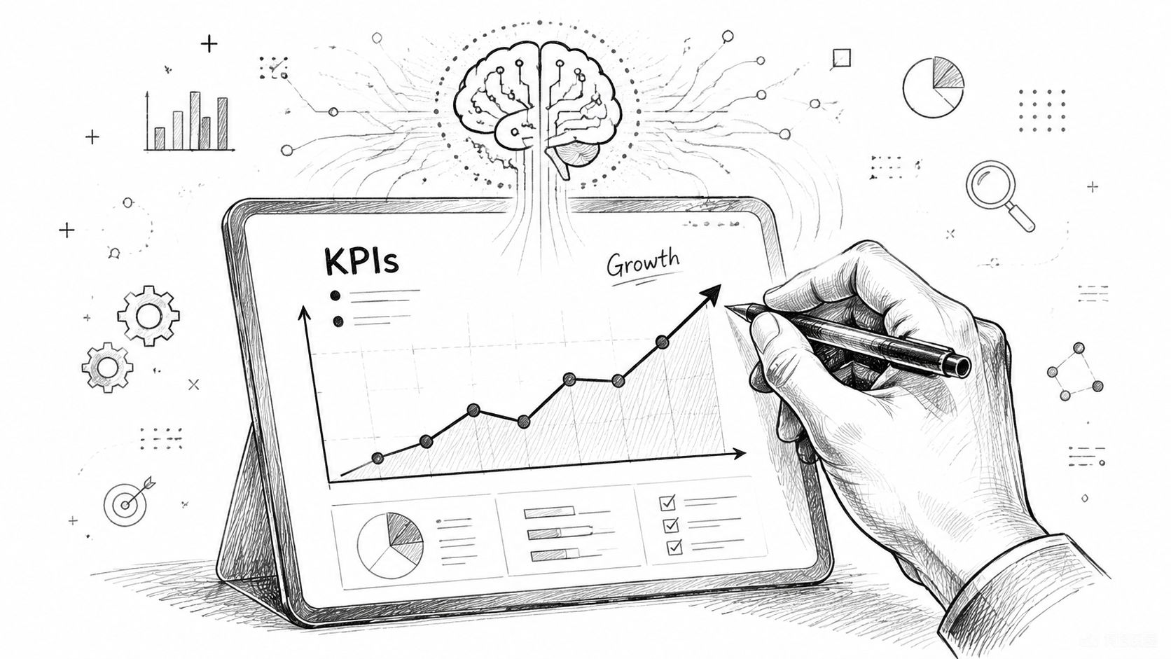 A hand using a digital pen on a tablet to analyze business KPIs and growth statistics.