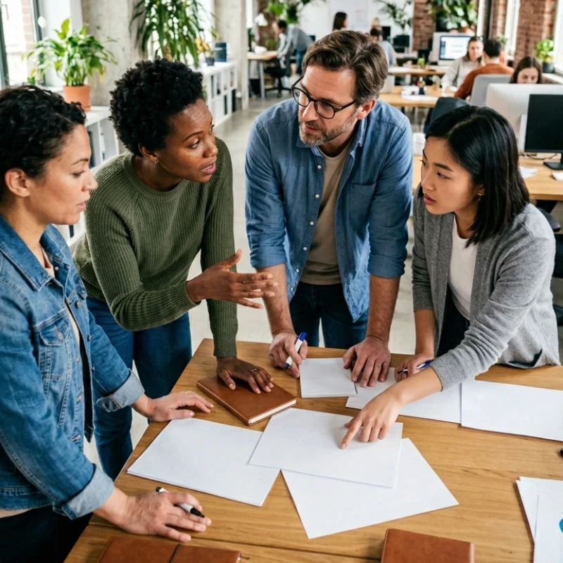 Équipe de managers et collaborateurs en agence, échangeant autour d'un plan d'action structuré et de documents de synthèse, illustrant notre expertise en Stratégie de comm 360° pour garantir une stratégie alignée sur vos enjeux.