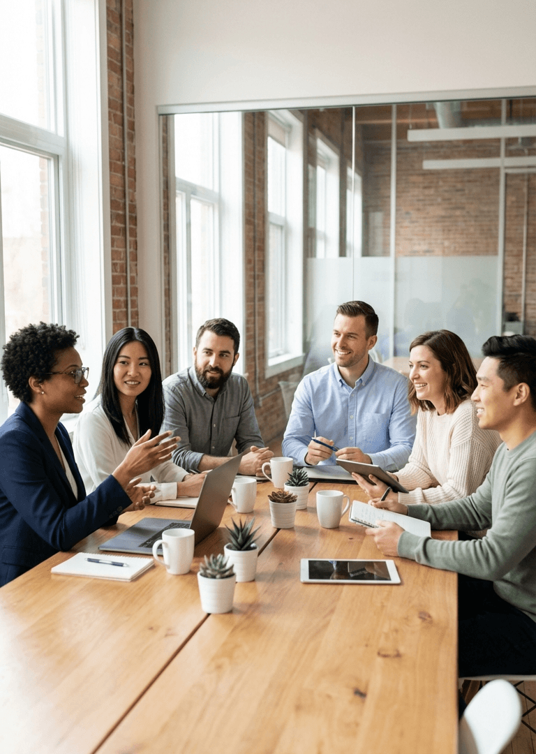 Team of people are working around and open conference table, listening to a OneSpring consultant.