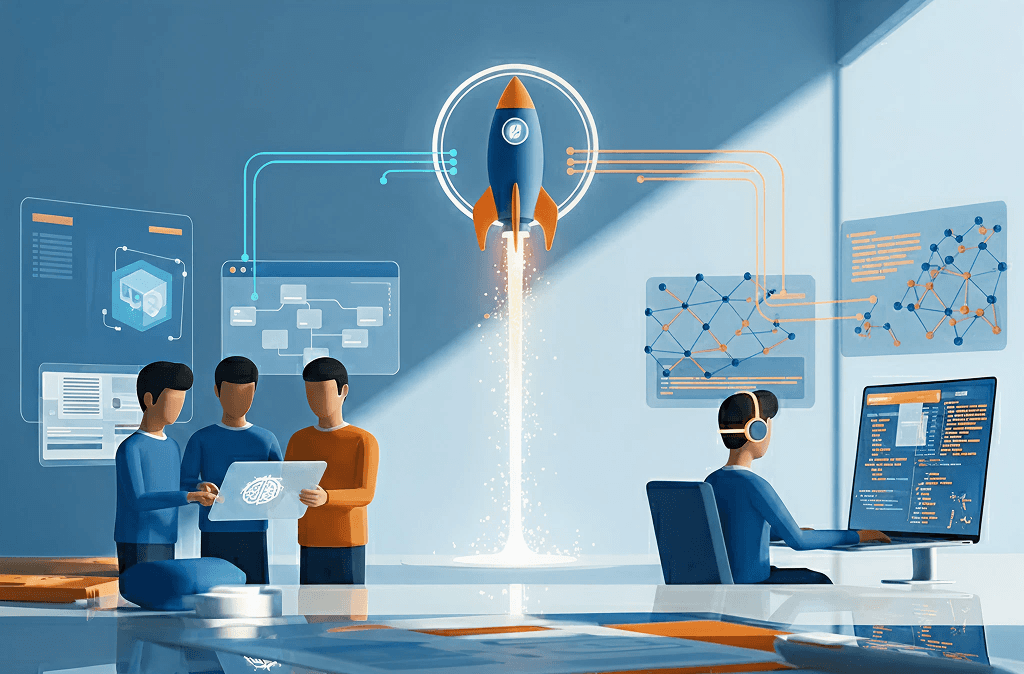 Team developing tech project with rocket launch symbolizing startup growth and innovation.