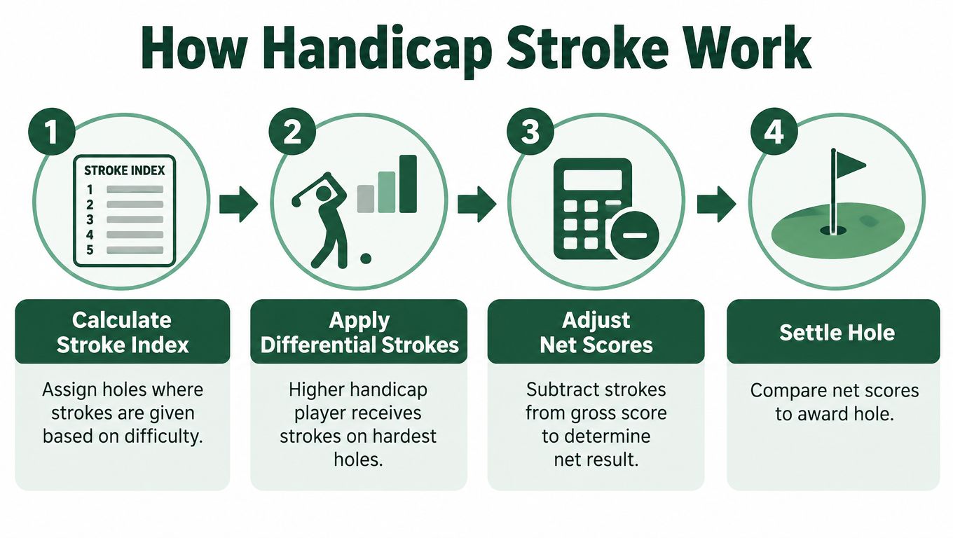 An infographic showing the four steps of how a golf handicap stroke scoring system works.