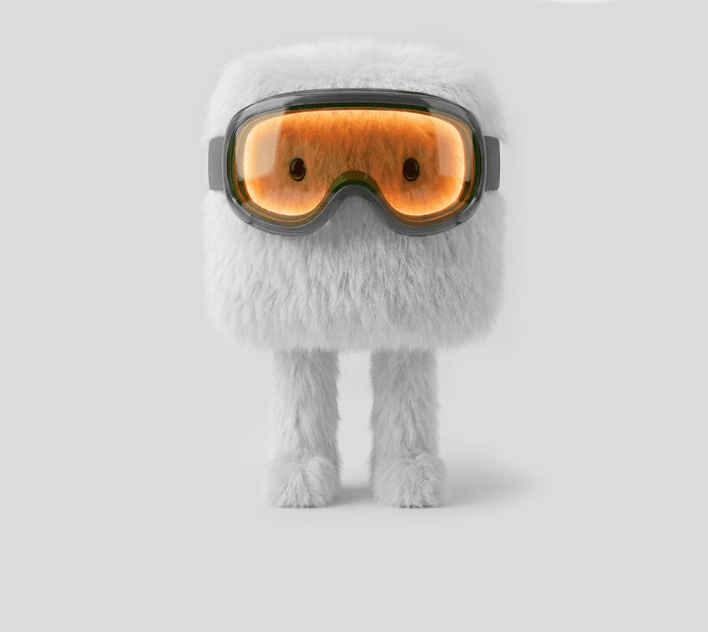 A cute 3D plush character in bright blue with a simple face and rounded limbs, standing on a white background.