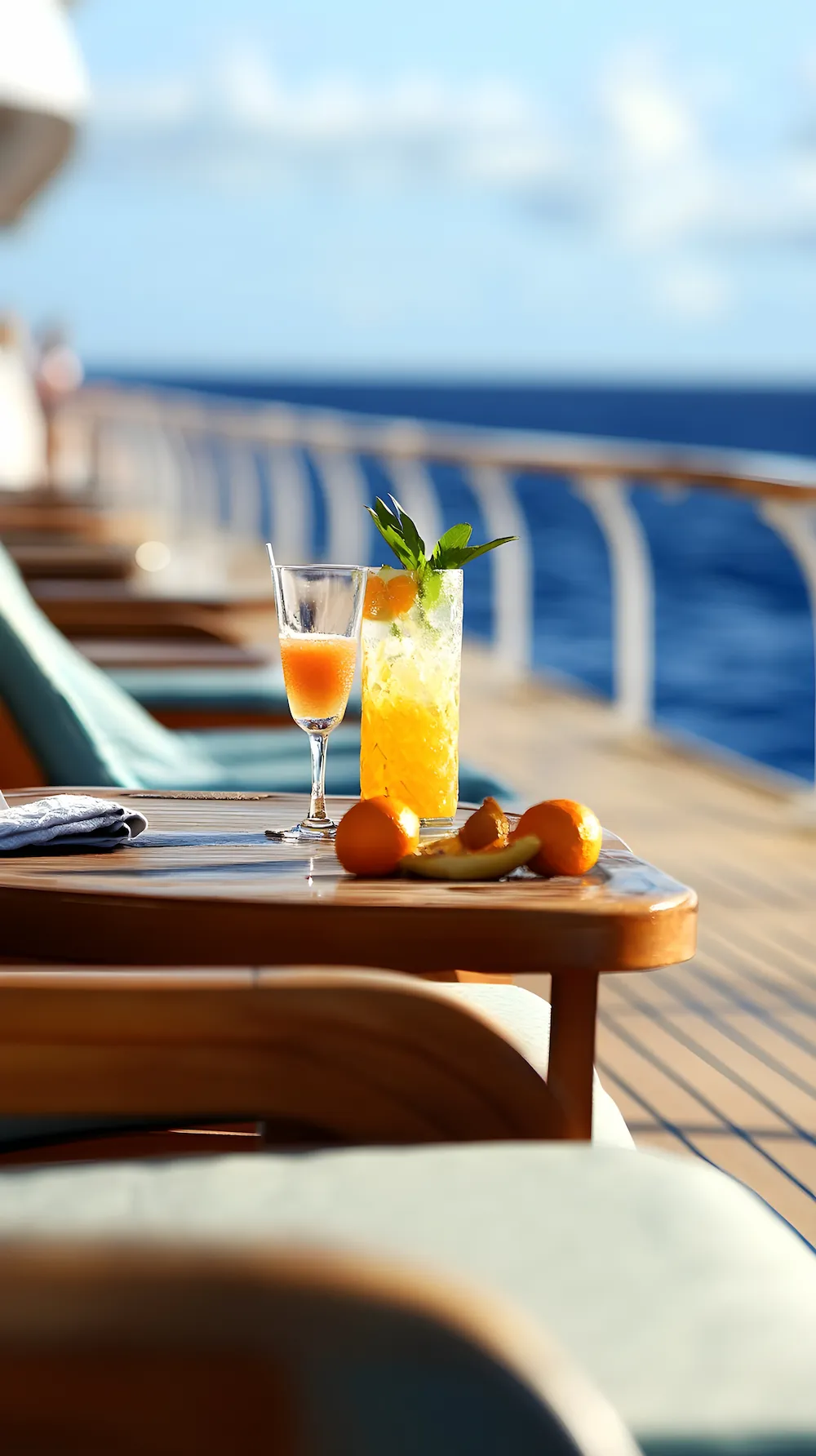 Taça de drink sobre mesa com vista para o mar em cruzeiro