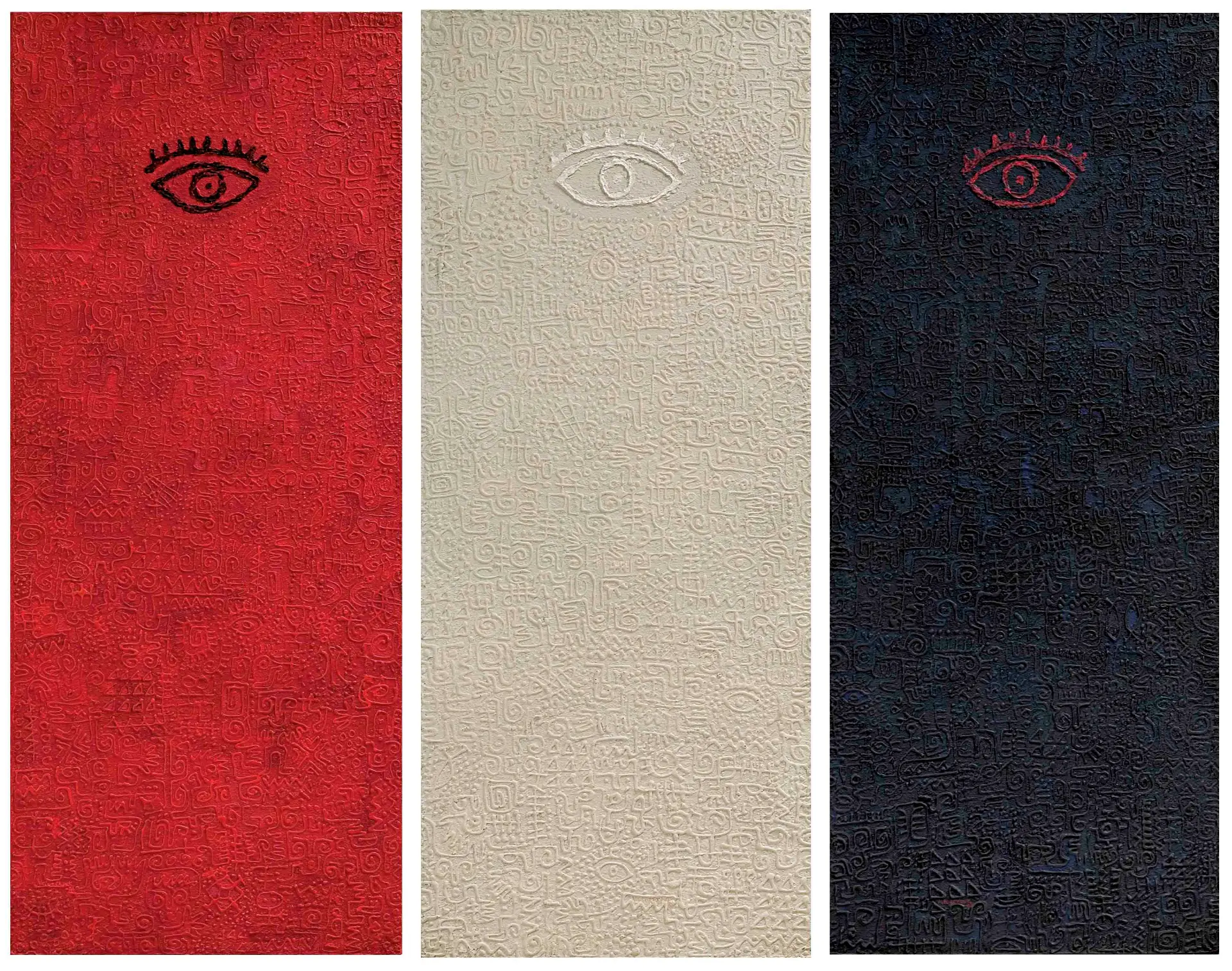 Three Wise Men (1996). Triptych. Acrylic on panel.
48 in. × 20 in each. In collection of Hood Museum