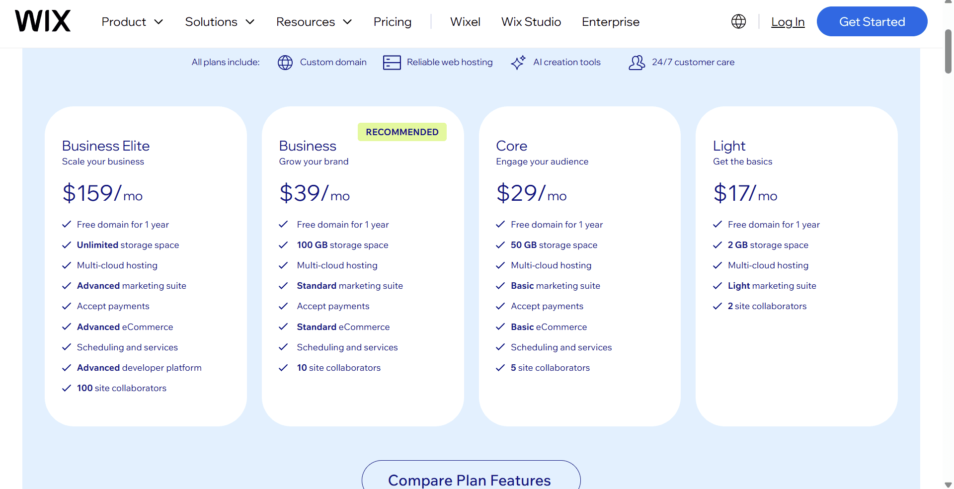 wix pricing page