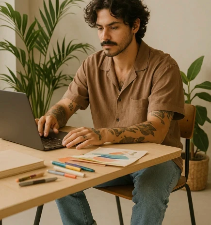 Profissional da economia criativa trabalhando em um ambiente descolado.