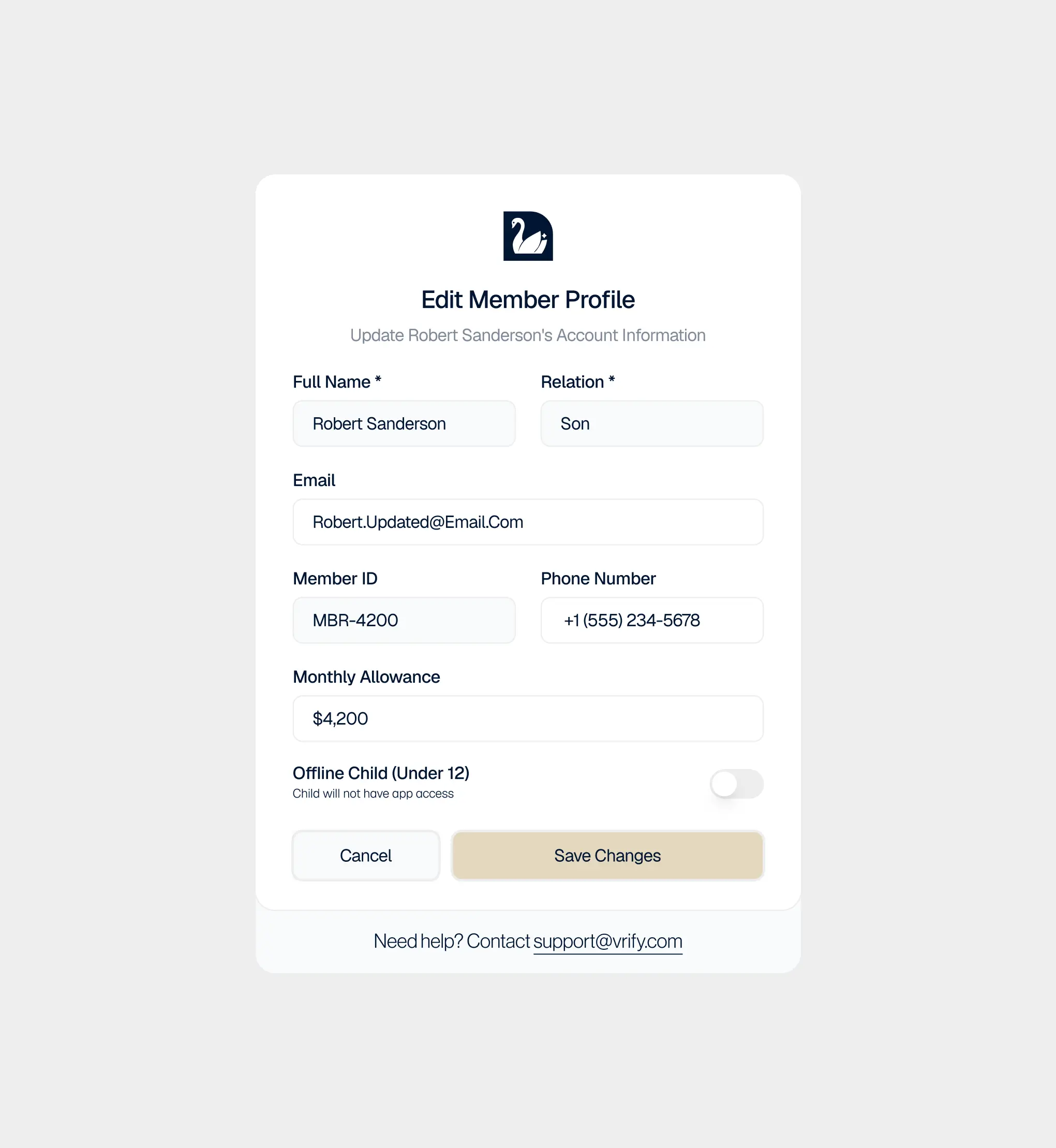VRYFI NOW management portal member profile editor showing account details, allowance limits, and contact information