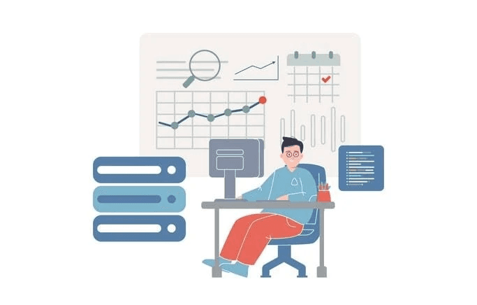 An illustration of a data scientist using Python for data analysis, showcasing various data visualization techniques.