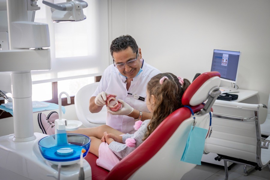 Family dentist at Bella Medical Centre showing a teeth model to a young pediatric patient.