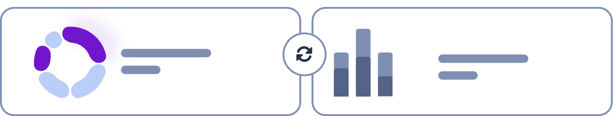 A stylized infographic features a colored circle composed of purple and light blue segments on the left, a synchronization icon in the center, and a bar chart symbol on the right, representing data integration and analytics.