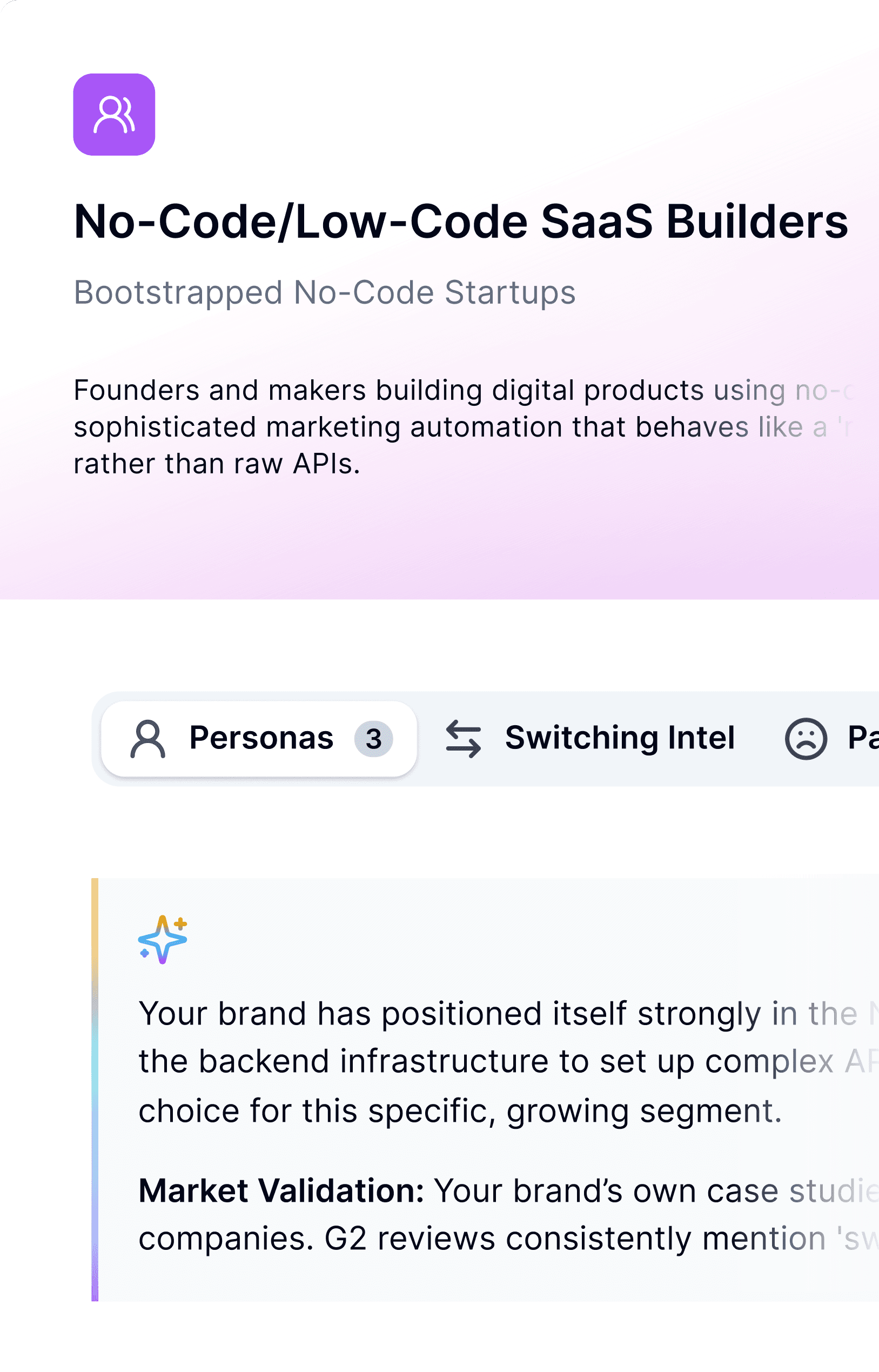 Ideal customer profile card: No-Code/Low-Code SaaS Builders