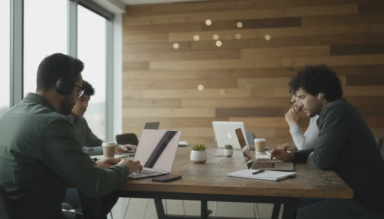 DSLR photograph from an over-the-shoulder perspective of a diverse team collaborating at a large, rustic wooden table in a modern office. In focus, a man with glasses and over-ear headphones types on his laptop, while another man with curly hair and earbuds listens intently. Multiple laptops and a small potted plant are on the table. The background features a warm, wood-paneled wall and is softly blurred with bokeh. The scene is illuminated by soft natural daylight from a large window, creating a moody, cinematic contrast with a desaturated color palette.