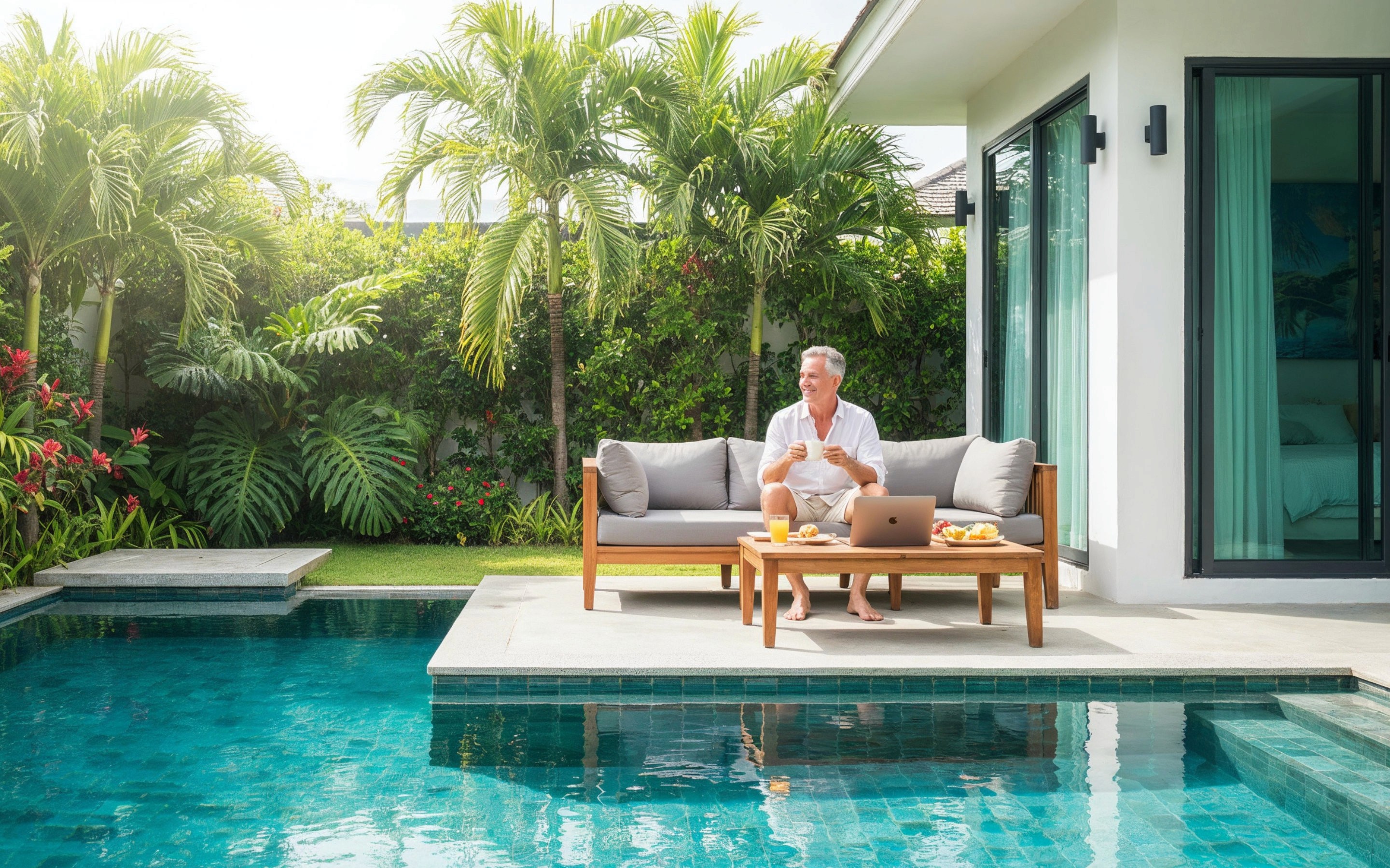 Expat man enjoying morning coffee and breakfast beside a private pool at a tropical Hua Hin villa, surrounded by lush garden greenery.