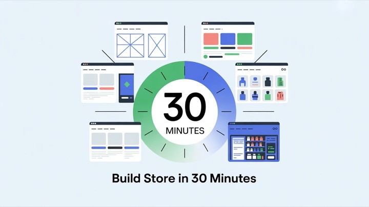 30-minute Shopify store build timeline showing each step