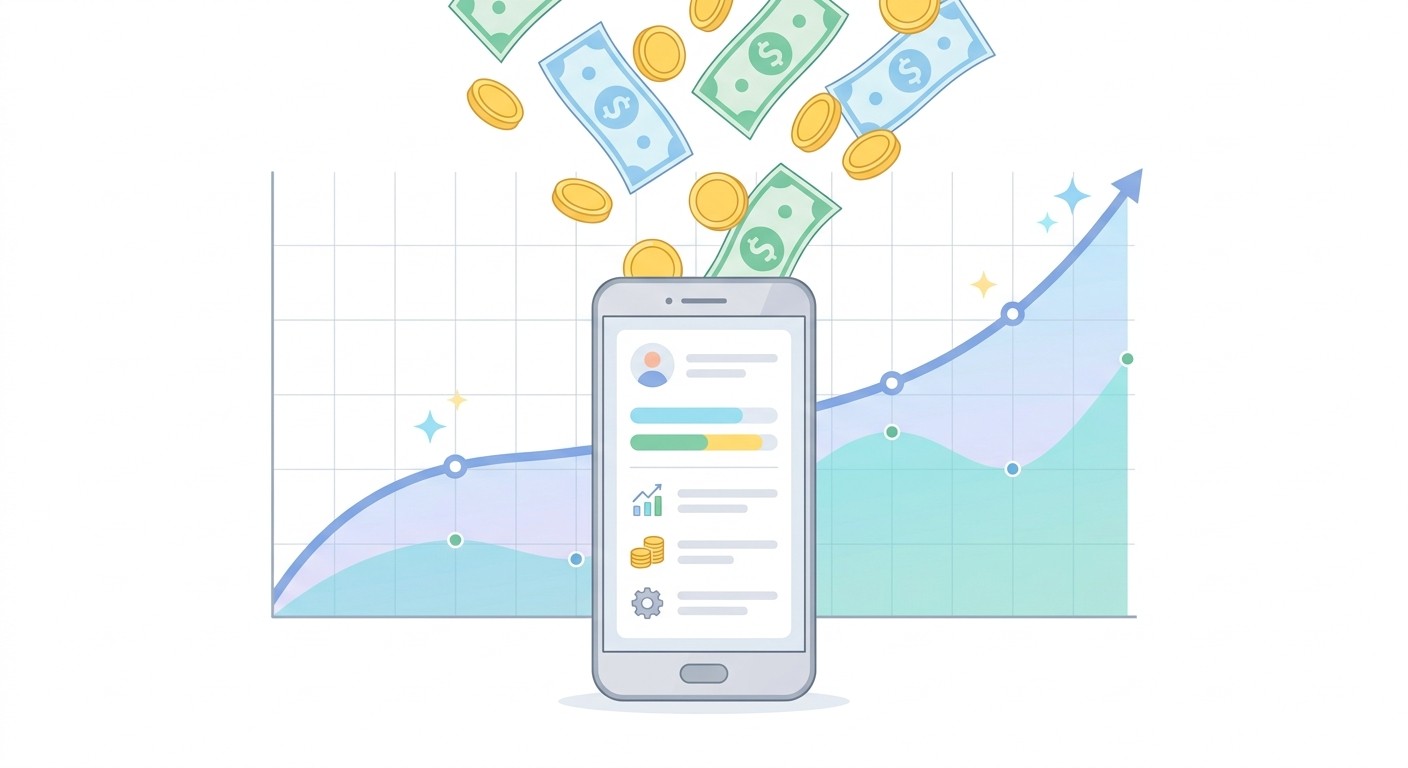 Money and coins flowing out of a smartphone app in front of a rising revenue chart