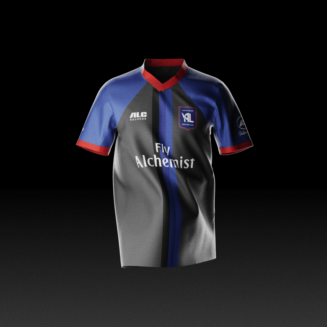 Close-up of custom soccer jersey designed for 'Flying High Part Two' EP, highlighting bold colors and graphic details.
