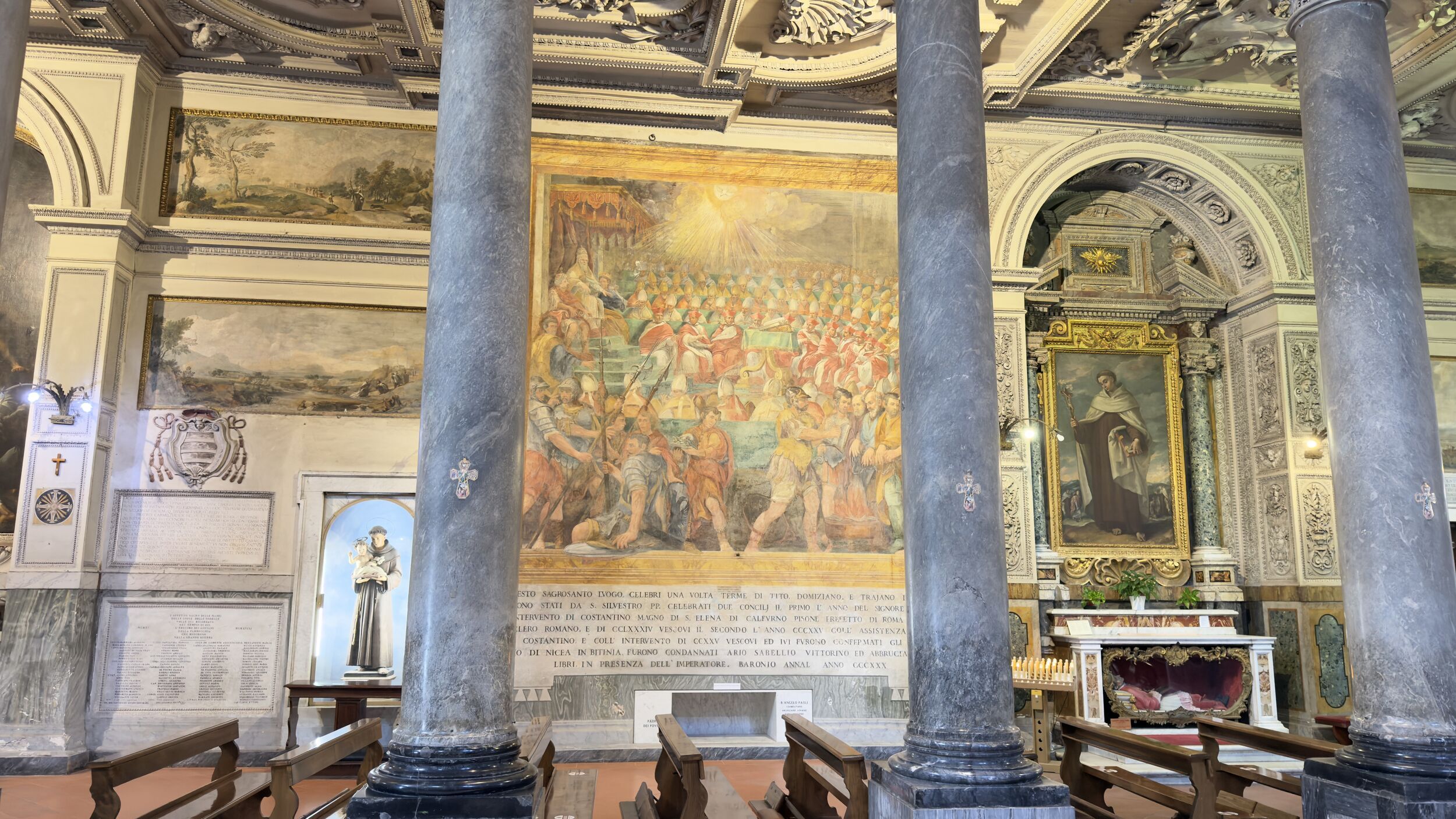 Corinthian columns lining the side aisle of San Martino ai Monti basilica in Rione Monti, Rome