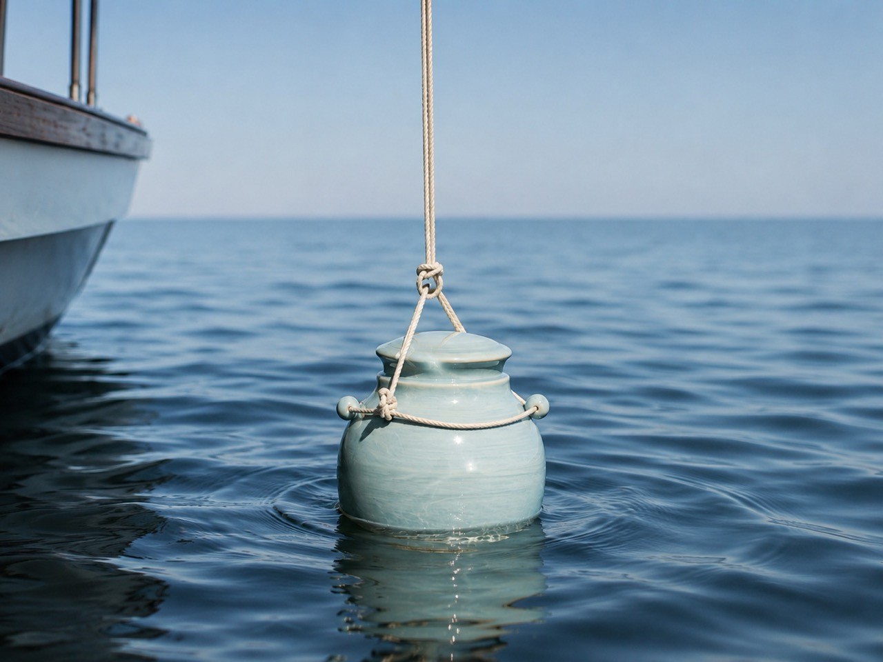 Seeurne wird an einem Boot ins Meer hinabgelassen