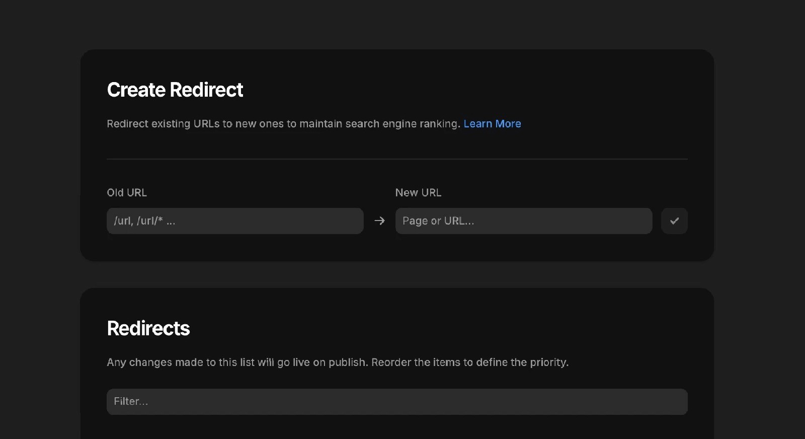 Redirects panel inside Framer