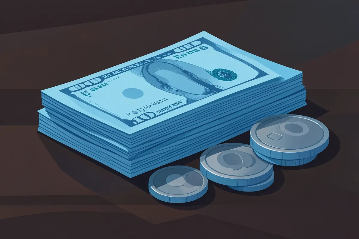 Stack of coins and bills on a desk.