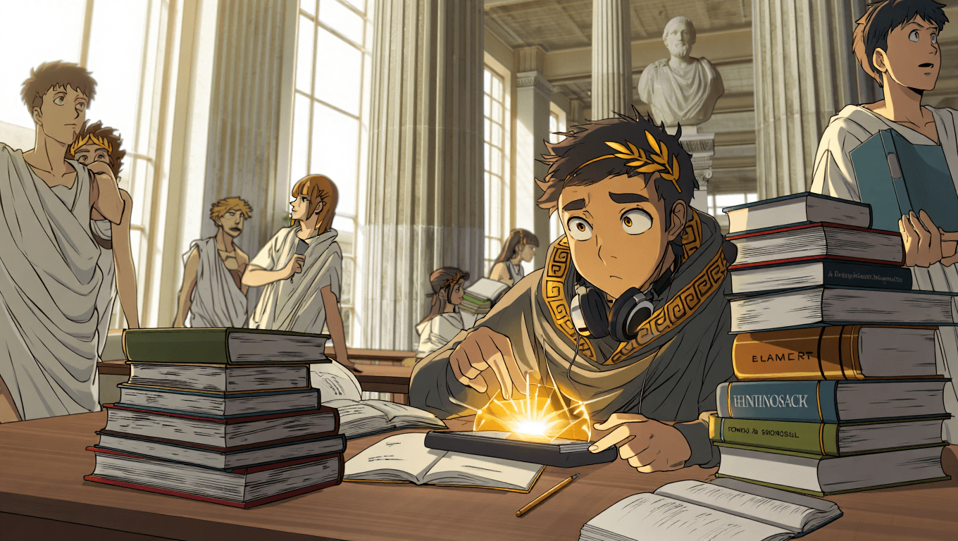 A stressed university student surrounded by towering stacks of language textbooks in a grand library with Greek columns and a marble bust of Aristotle, a smartphone glowing with golden sparks on the desk