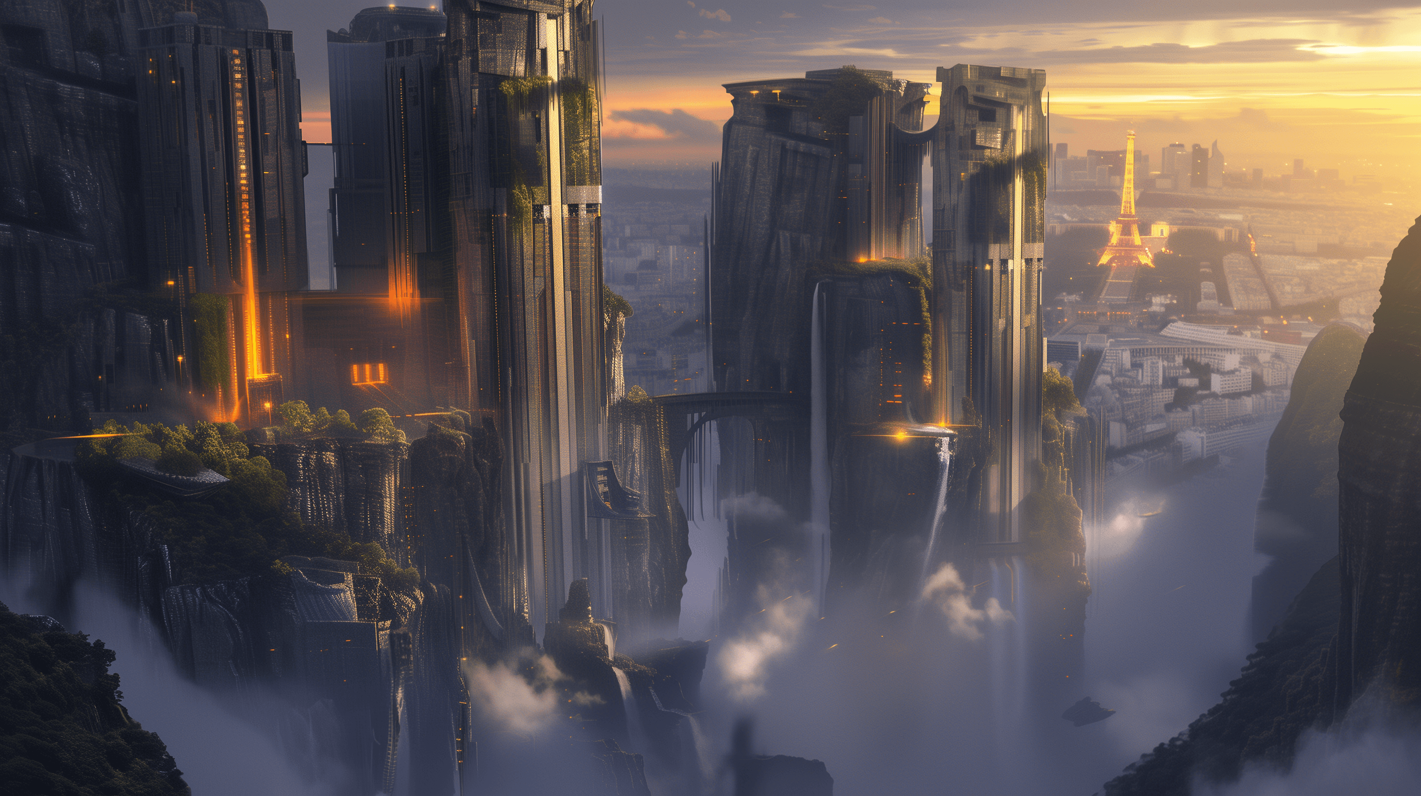 A stunning fantasy landscape features towering cliffs with ancient structures, illuminated by a warm sunset glow.