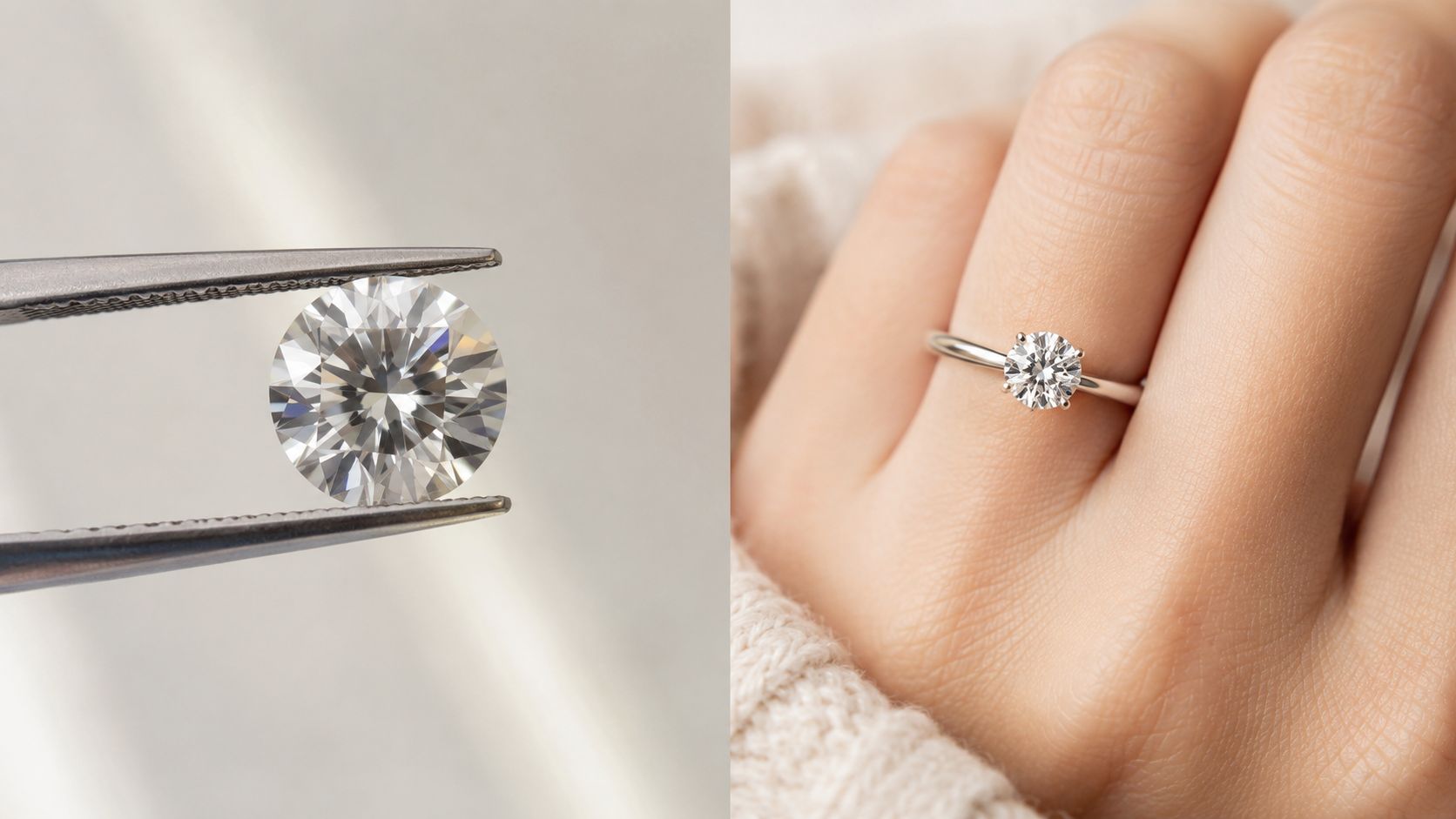 A split image showing a loose round diamond held by tweezers and a diamond engagement ring on a finger.