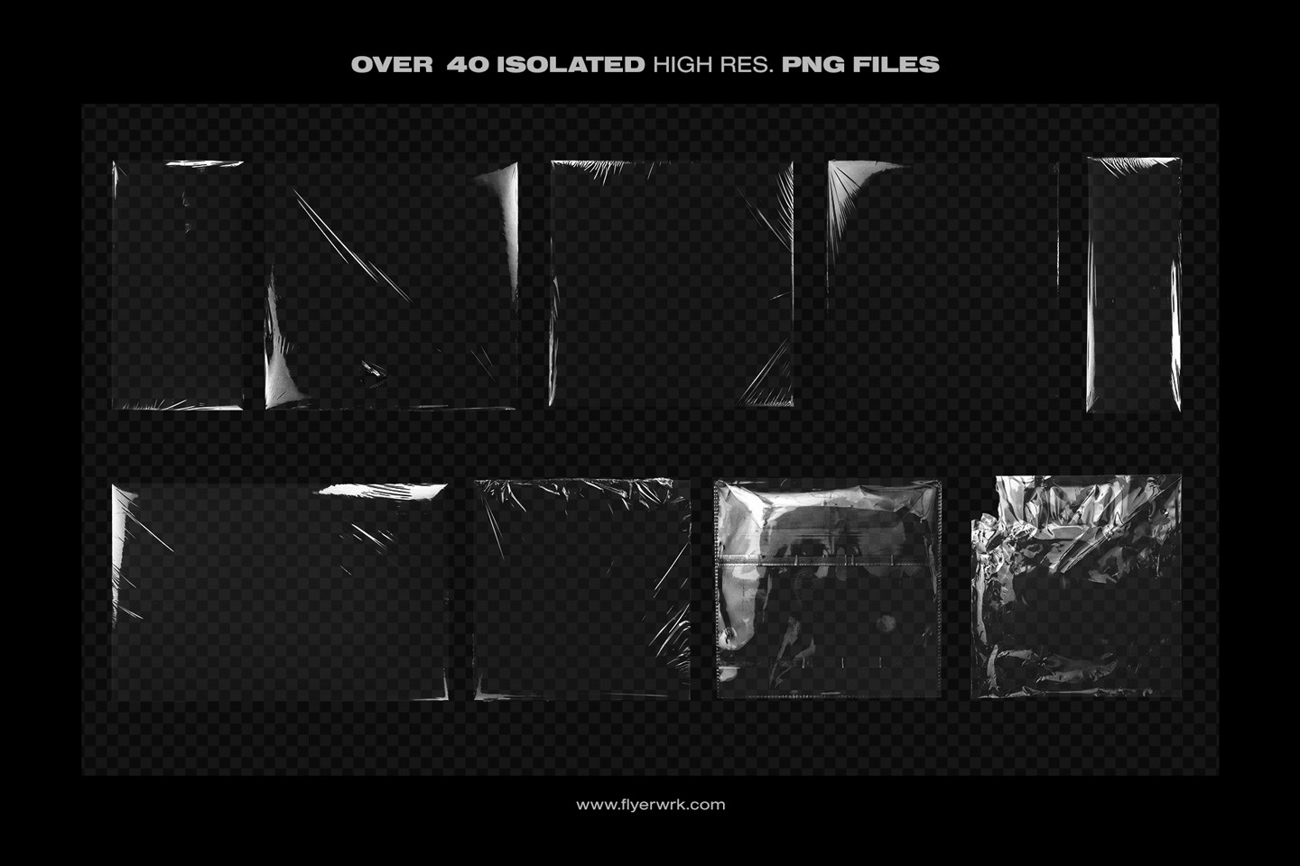 Clear poly film plastic wrap textures pack featuring various folded and stretched industrial plastic styles
