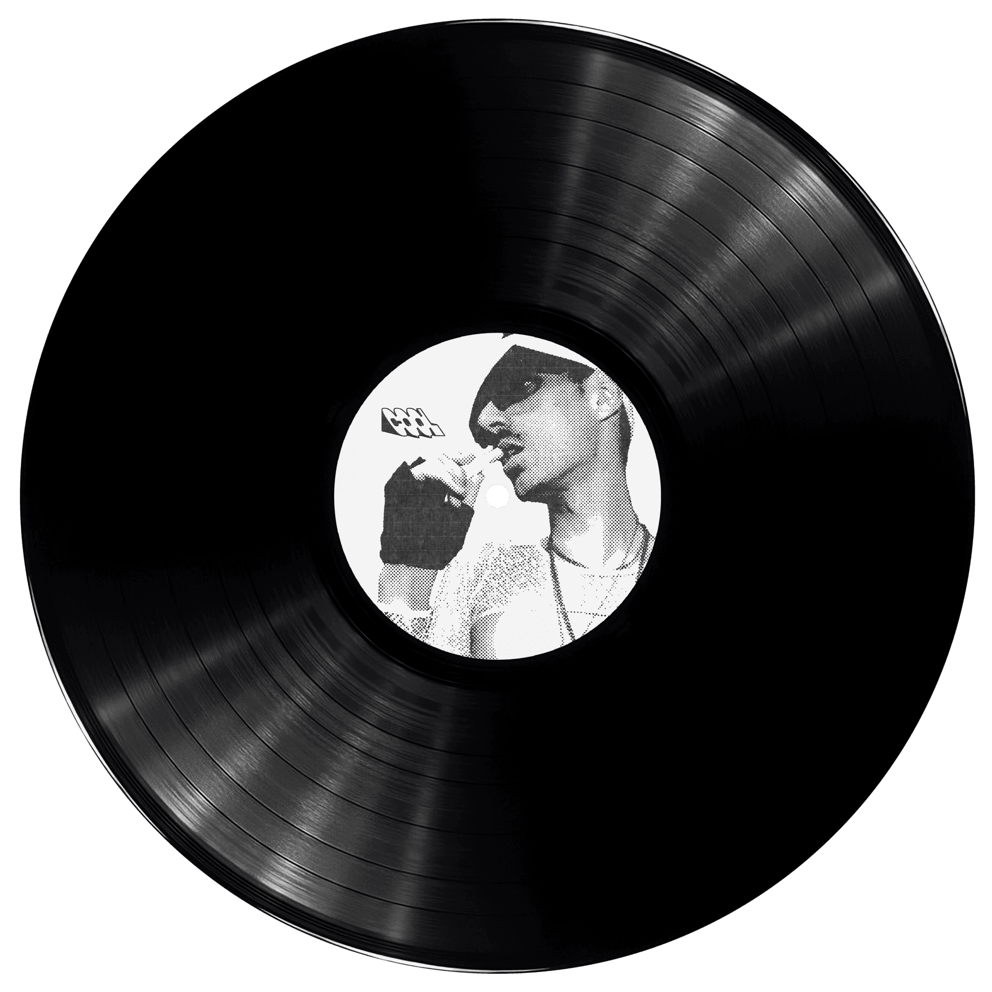 Black vinyl record with a black and white portrait in the center on a white background
